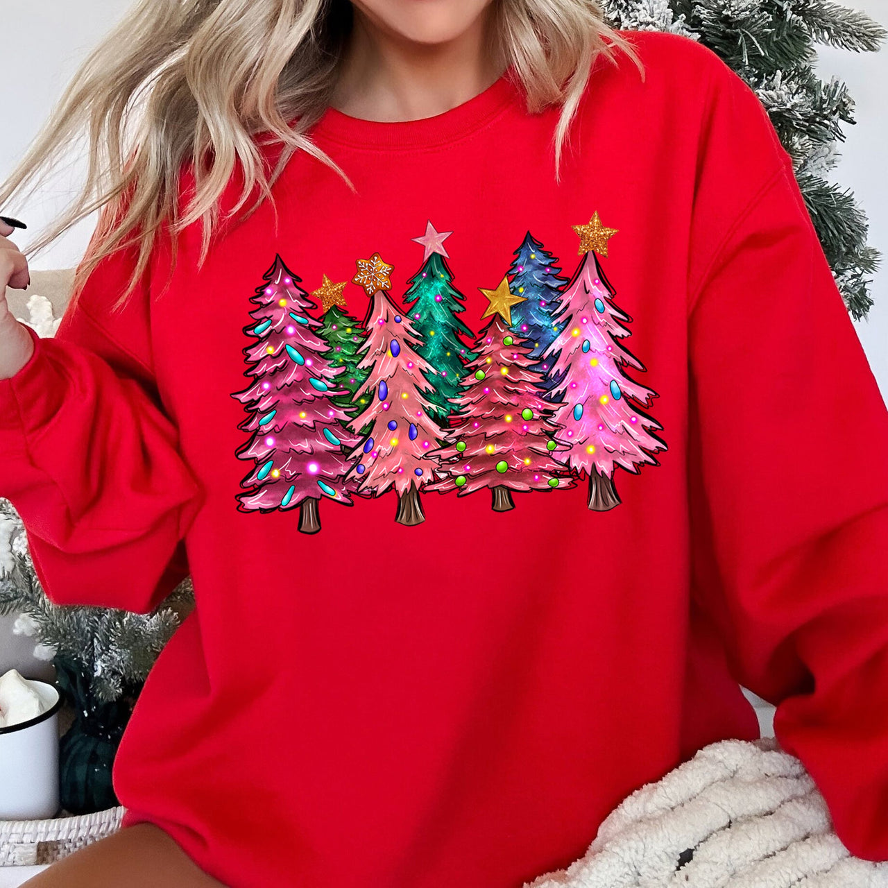 Bright Christmas Trees Festive Night Sky With Ornaments And Pinecones Graphic Sweatshirt