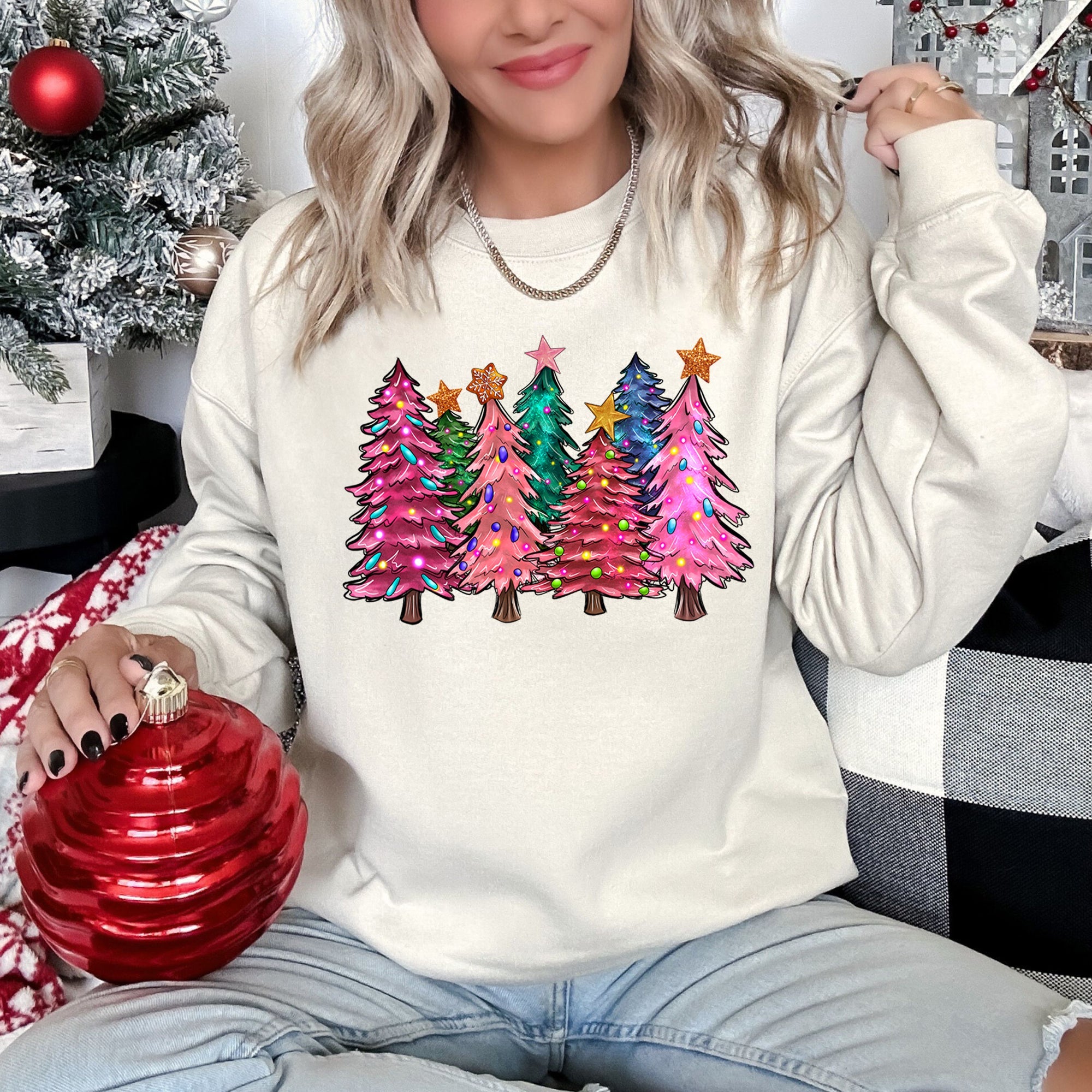 Bright Christmas Trees Festive Night Sky With Ornaments And Pinecones Graphic Sweatshirt