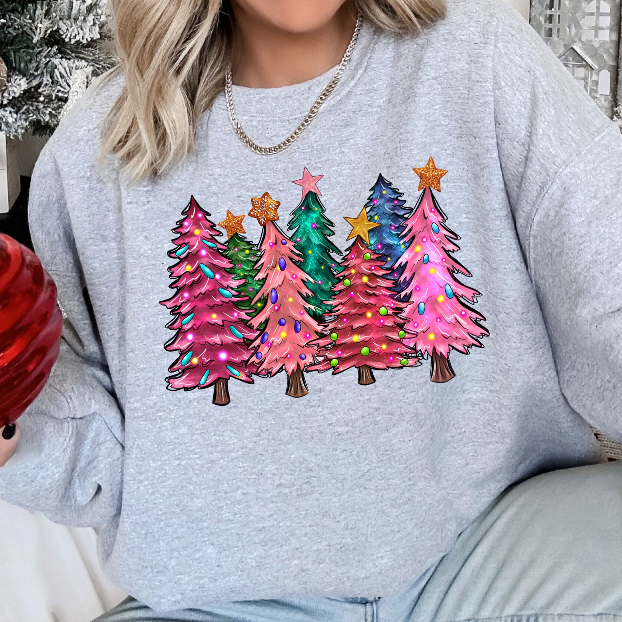 Bright Christmas Trees Festive Night Sky With Ornaments And Pinecones Graphic Sweatshirt