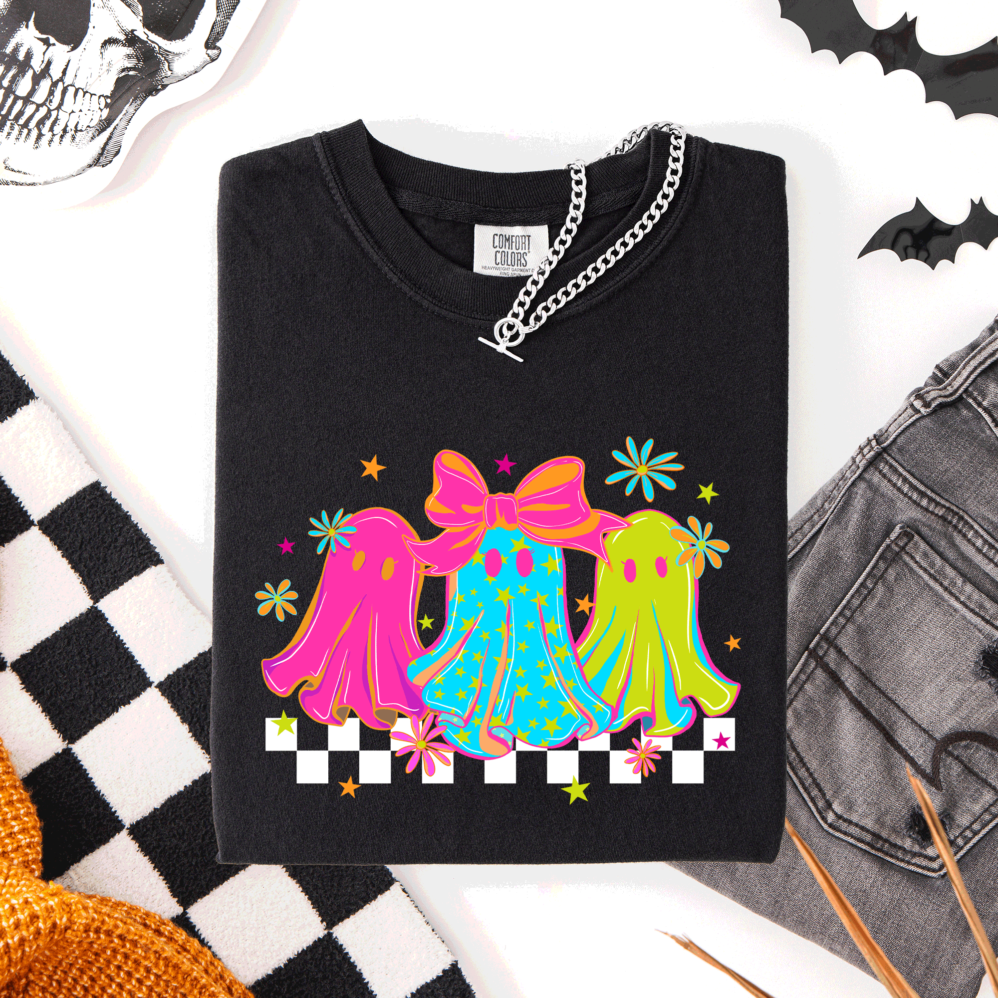 Bright And Colorful Retro Halloween Ghosts Checkered Graphic Design Limited Edition Comfort Colors Tee