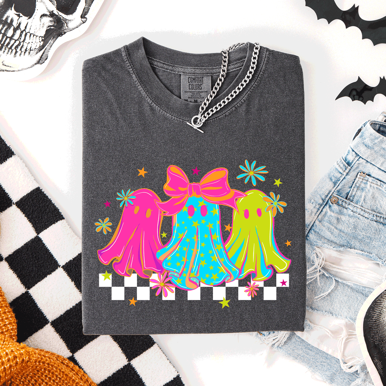 Bright And Colorful Retro Halloween Ghosts Checkered Graphic Design Limited Edition Comfort Colors Tee