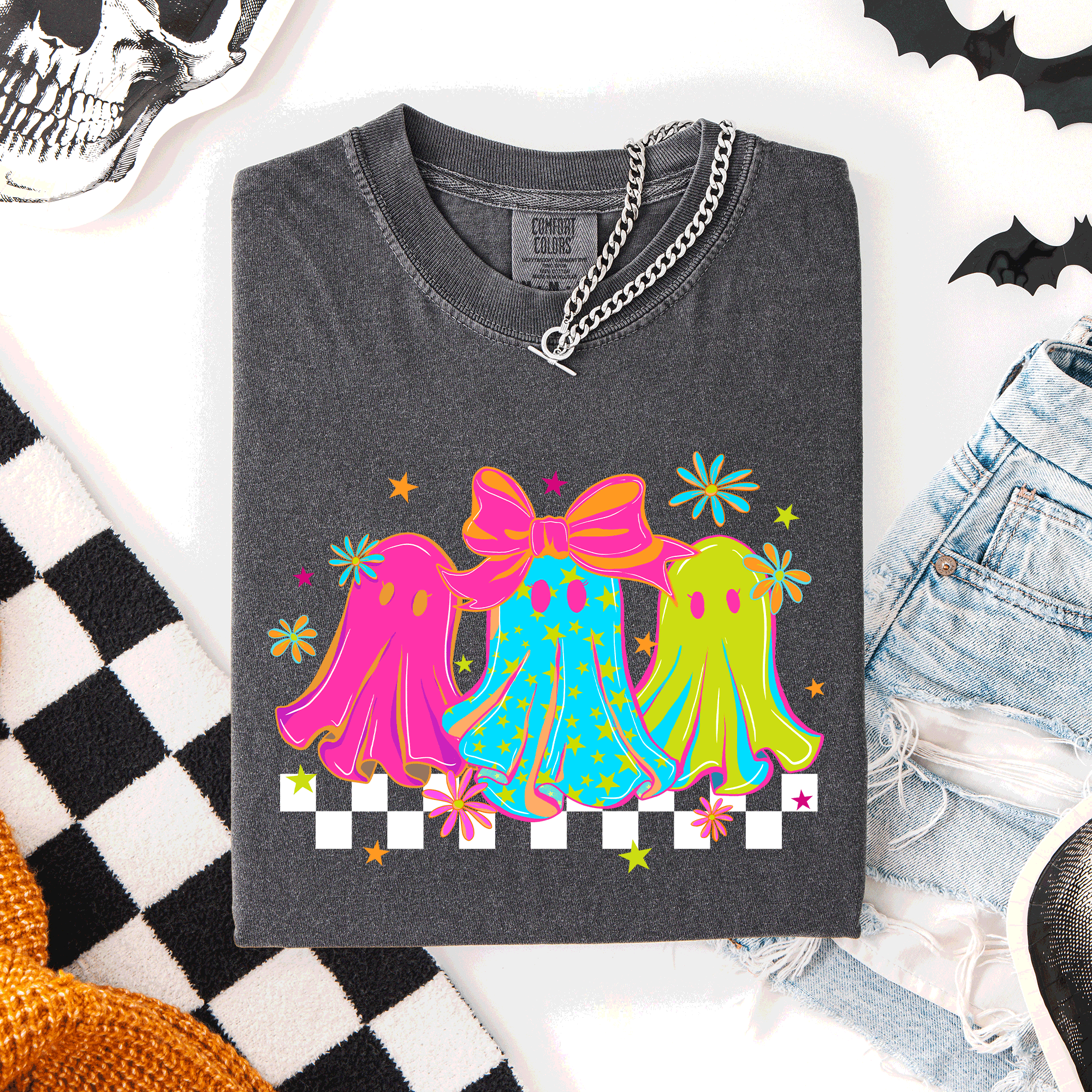 Bright And Colorful Retro Halloween Ghosts Checkered Graphic Design Limited Edition Comfort Colors Tee