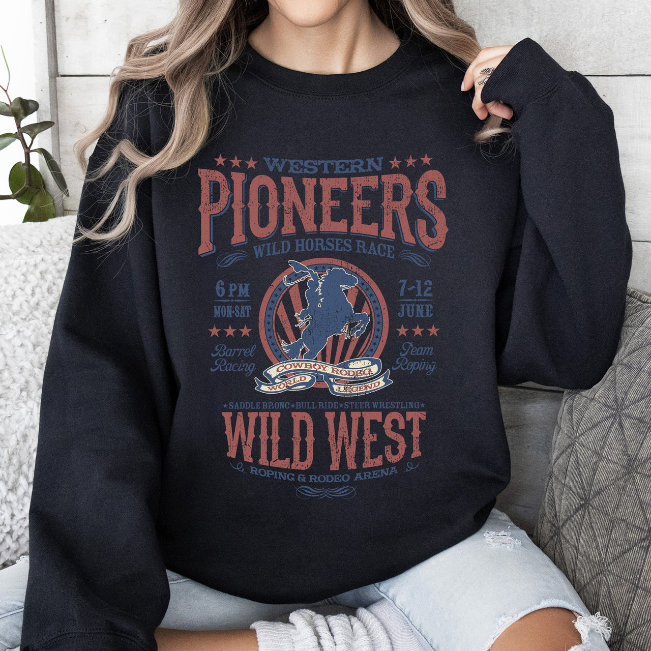 Bronco Riding Wild Horse Race Cowboy Cowgirl Rustic Western Heritage Premium Sweatshirt