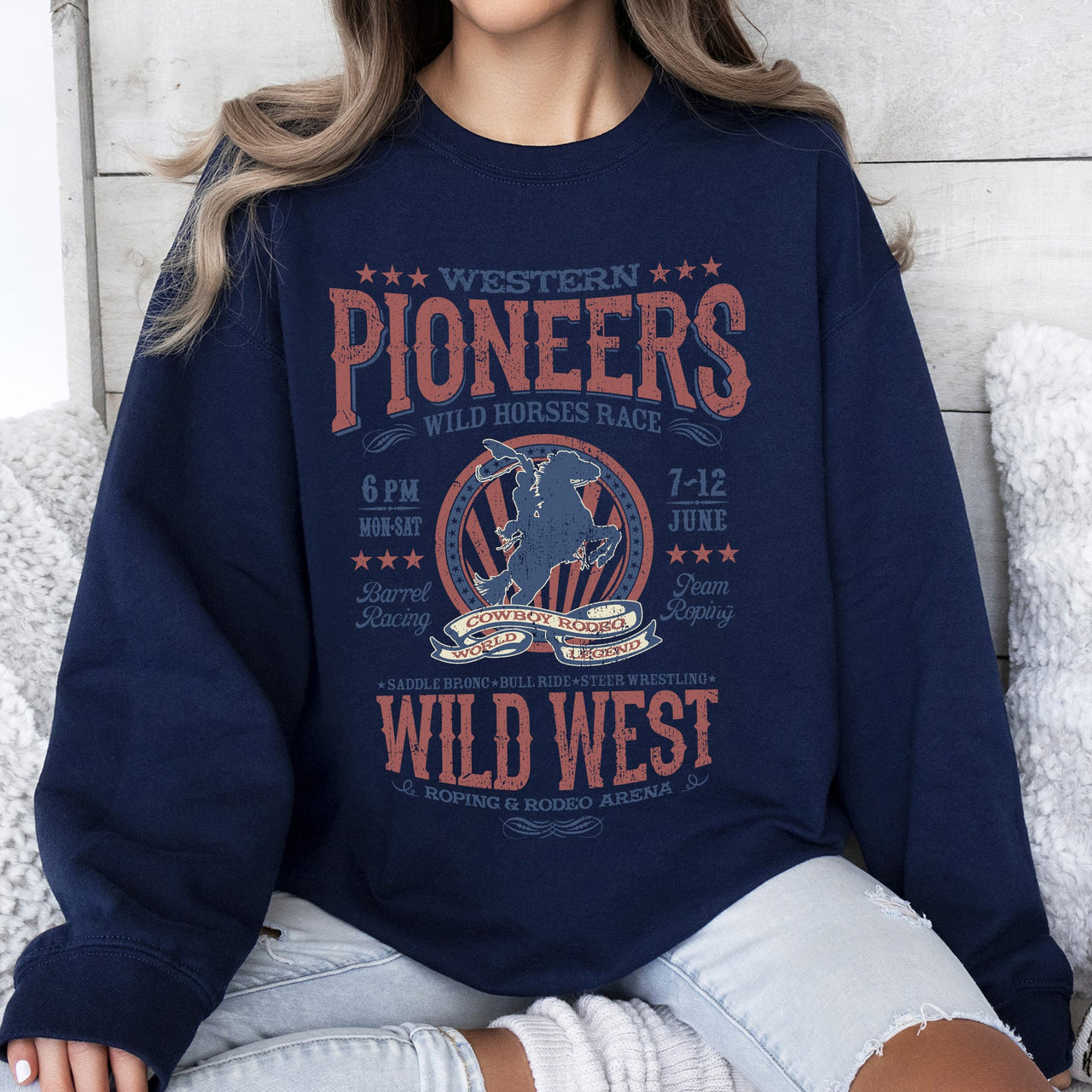 Bronco Riding Wild Horse Race Cowboy Cowgirl Rustic Western Heritage Premium Sweatshirt