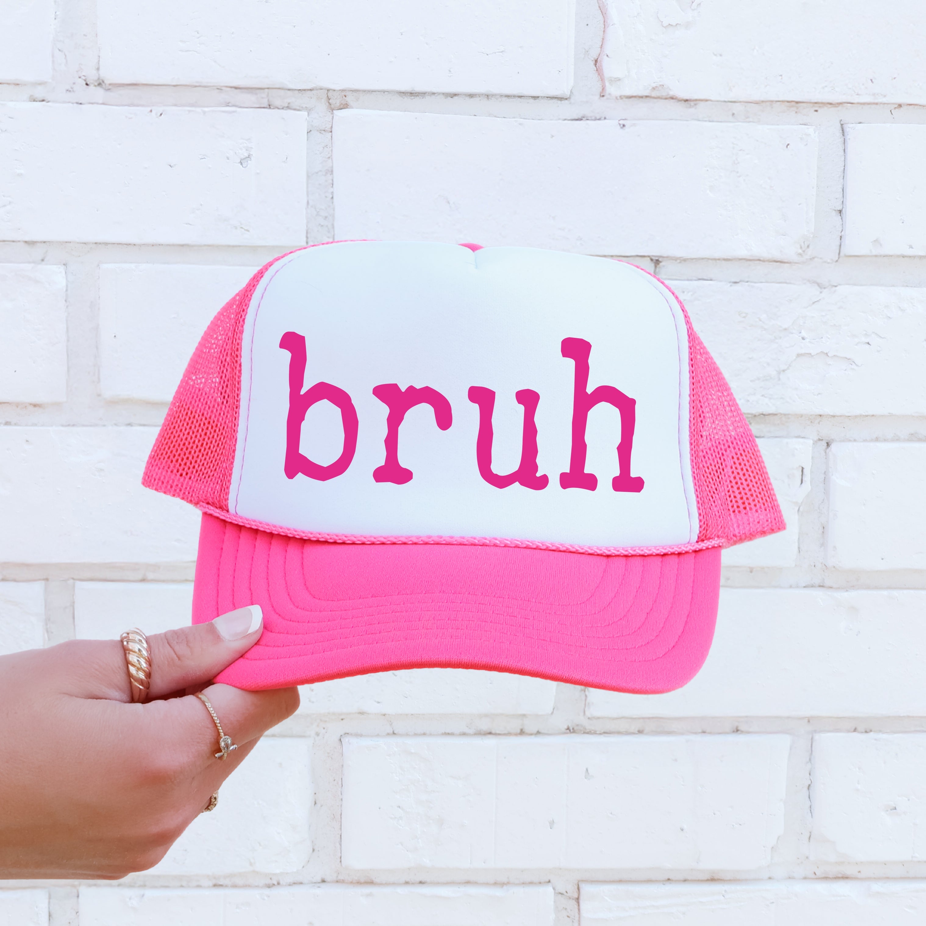 Bruh Sassy Funny Bright Pink Statement Graphic Emblem Vintage Inspired Bold Lettering Trucker Hat