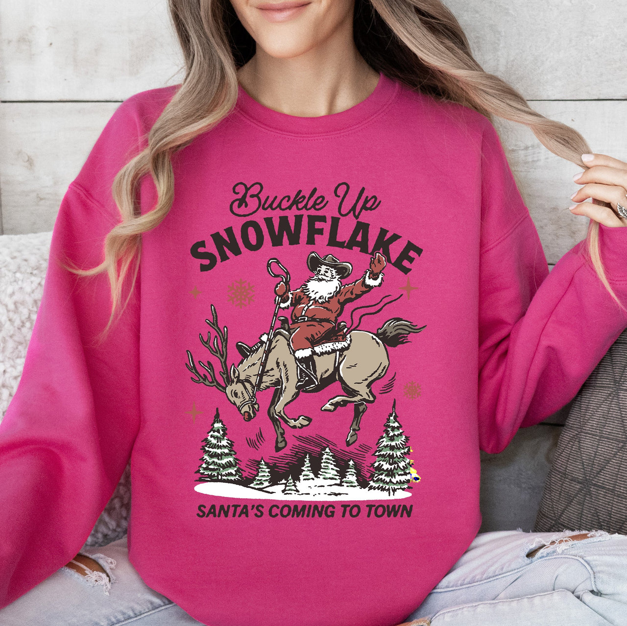 Buckle Up Snowflake Santa's Coming To Town Christmas Cowboy Western Vintage Sweatshirt