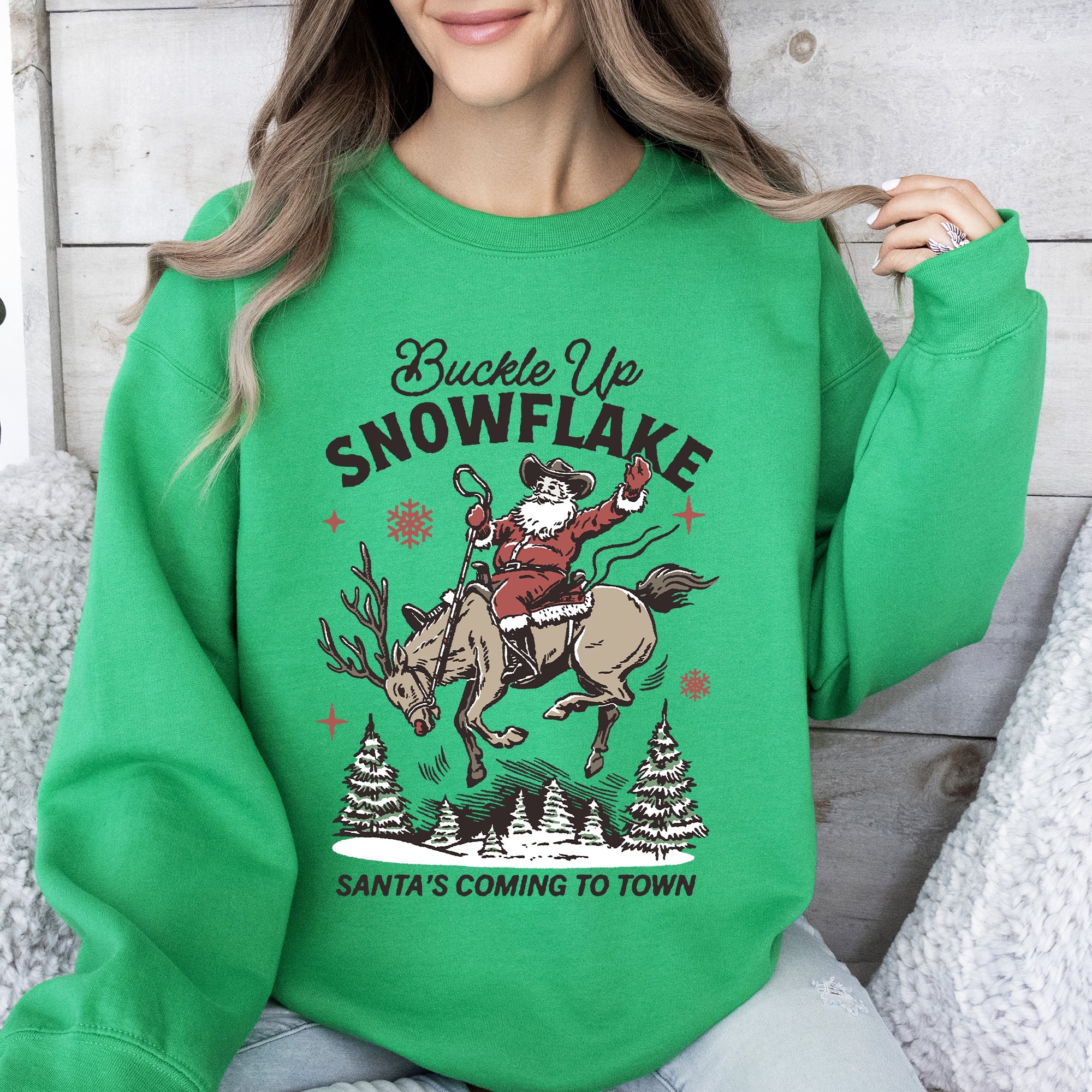 Buckle Up Snowflake Santa's Coming To Town Christmas Cowboy Western Vintage Sweatshirt