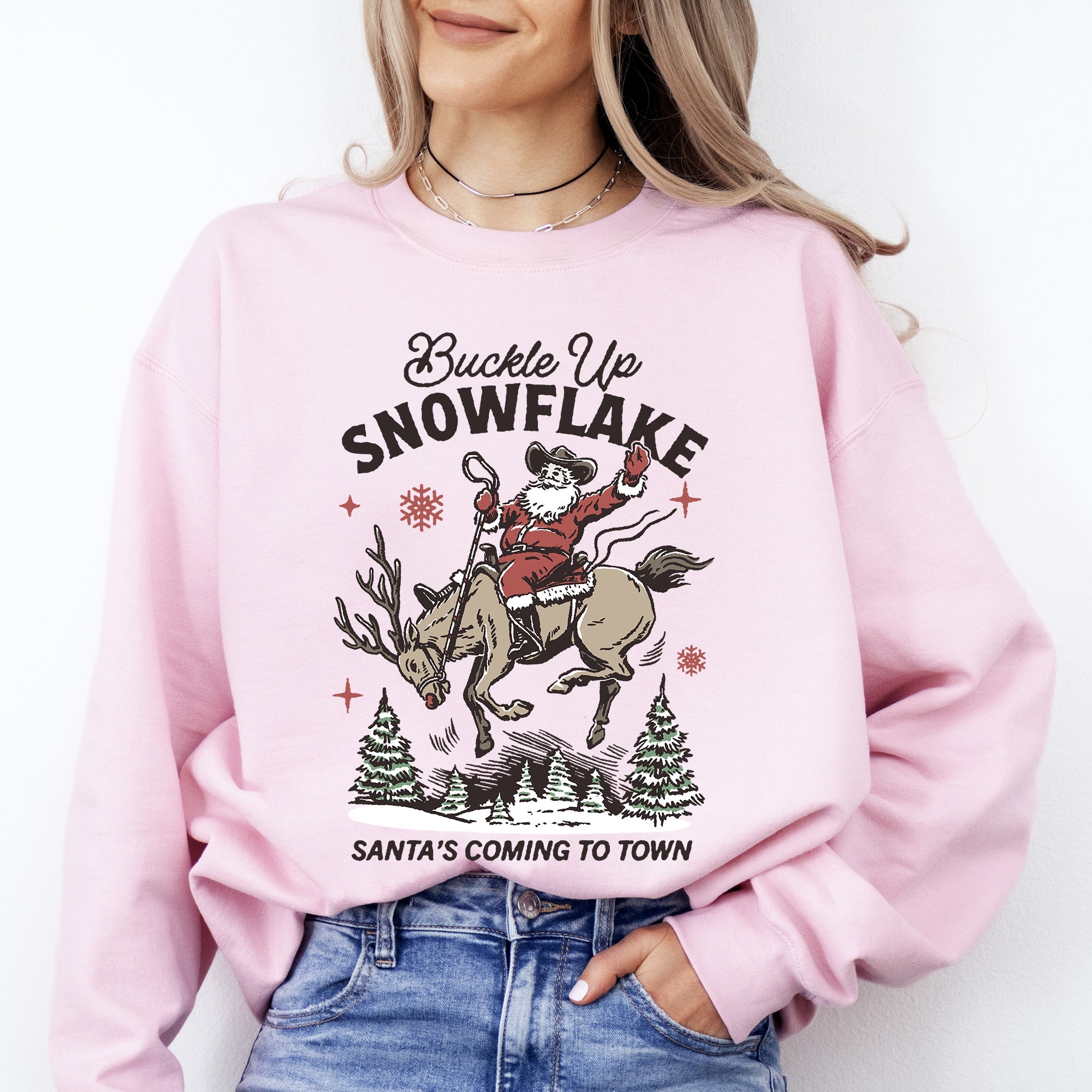 Buckle Up Snowflake Santa's Coming To Town Christmas Cowboy Western Vintage Sweatshirt