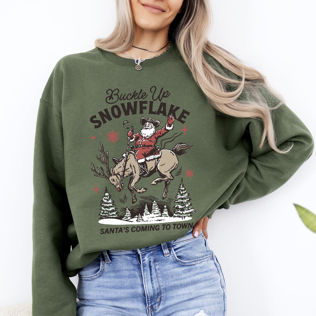 Buckle Up Snowflake Santa's Coming To Town Christmas Cowboy Western Vintage Sweatshirt