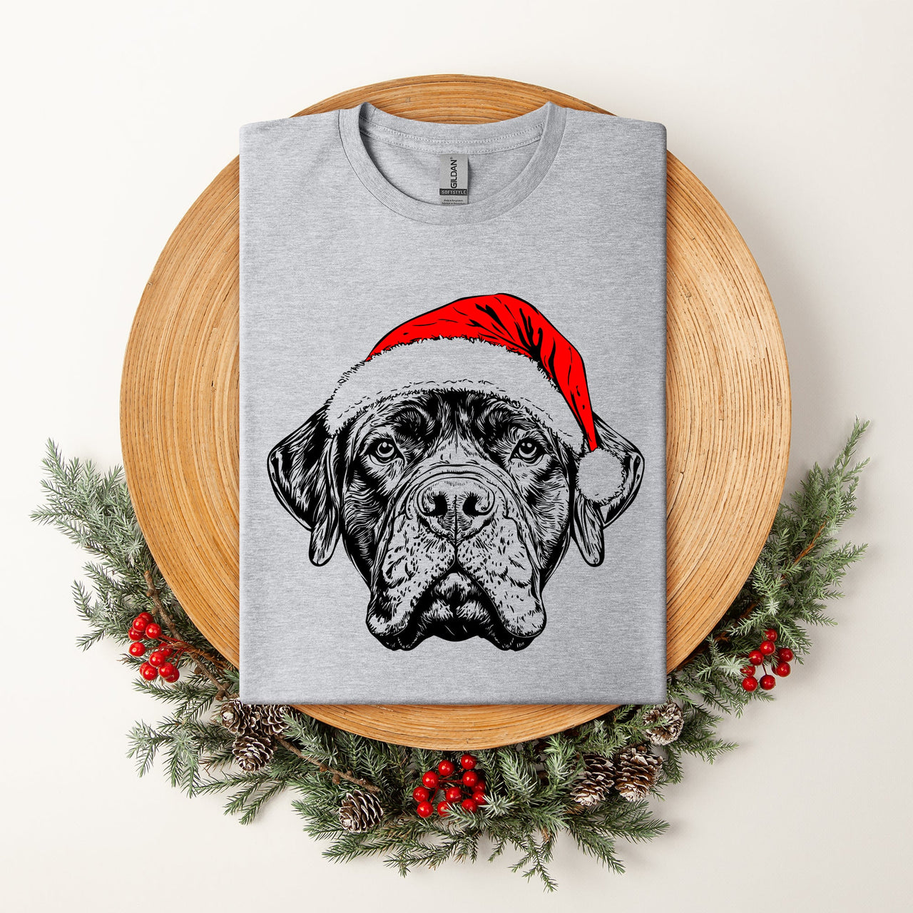 Bull Mastiff Santa Claus Christmas Dog Lover Illustration Print Comfort Colors Tee