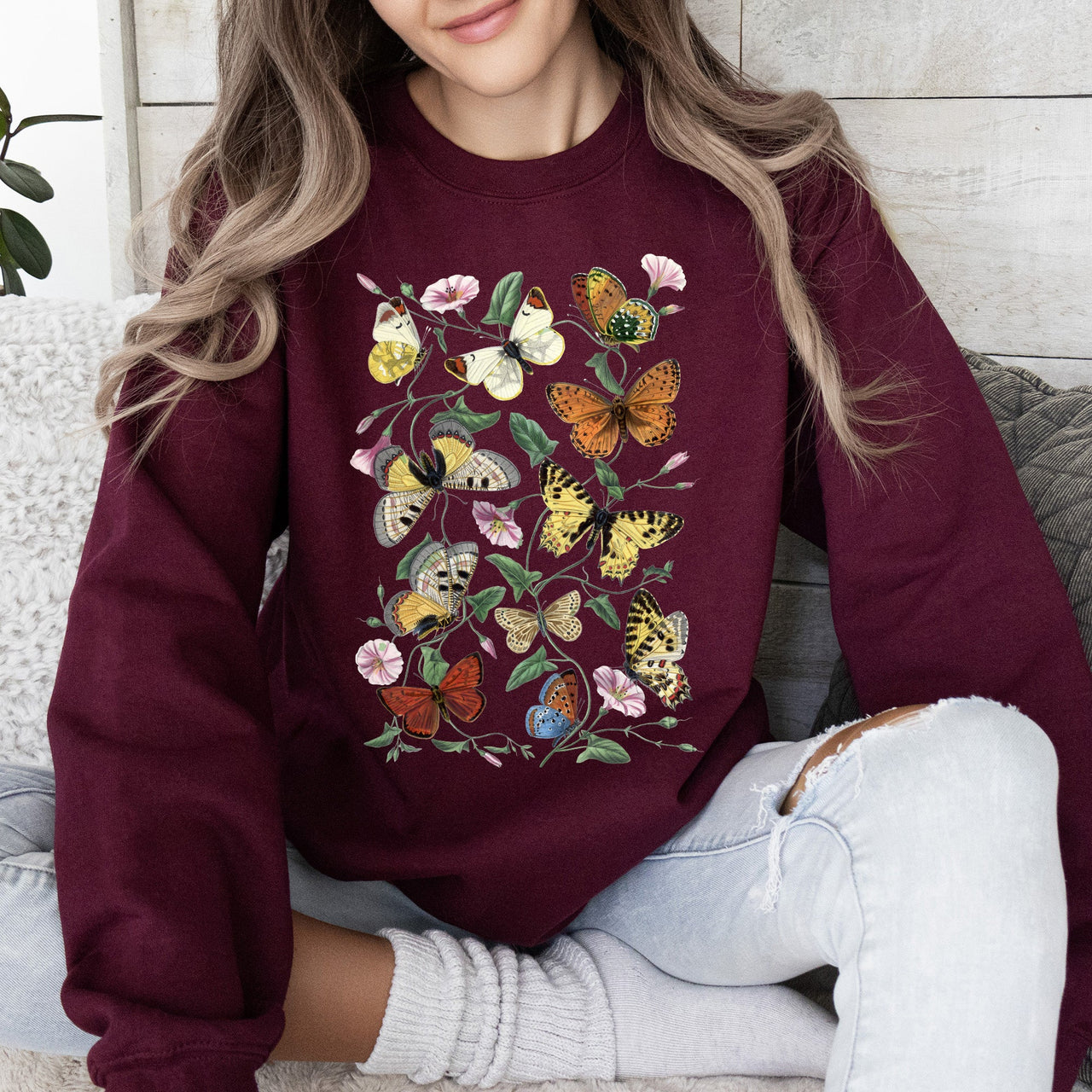 Butterfly Garden Floral Print With Vibrant Butterflies And Blossoms Cozy Sweatshirt