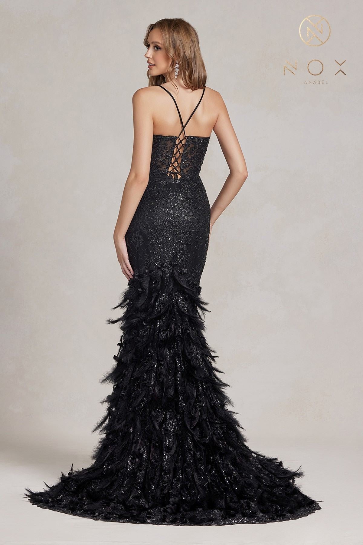 Nox Anabel C1111 Glitter Feather Skirt Mermaid Gown