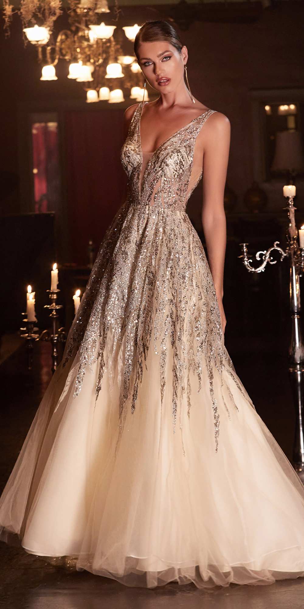 Cinderella Divine C135 Long Beaded Shimmer Ball Gown