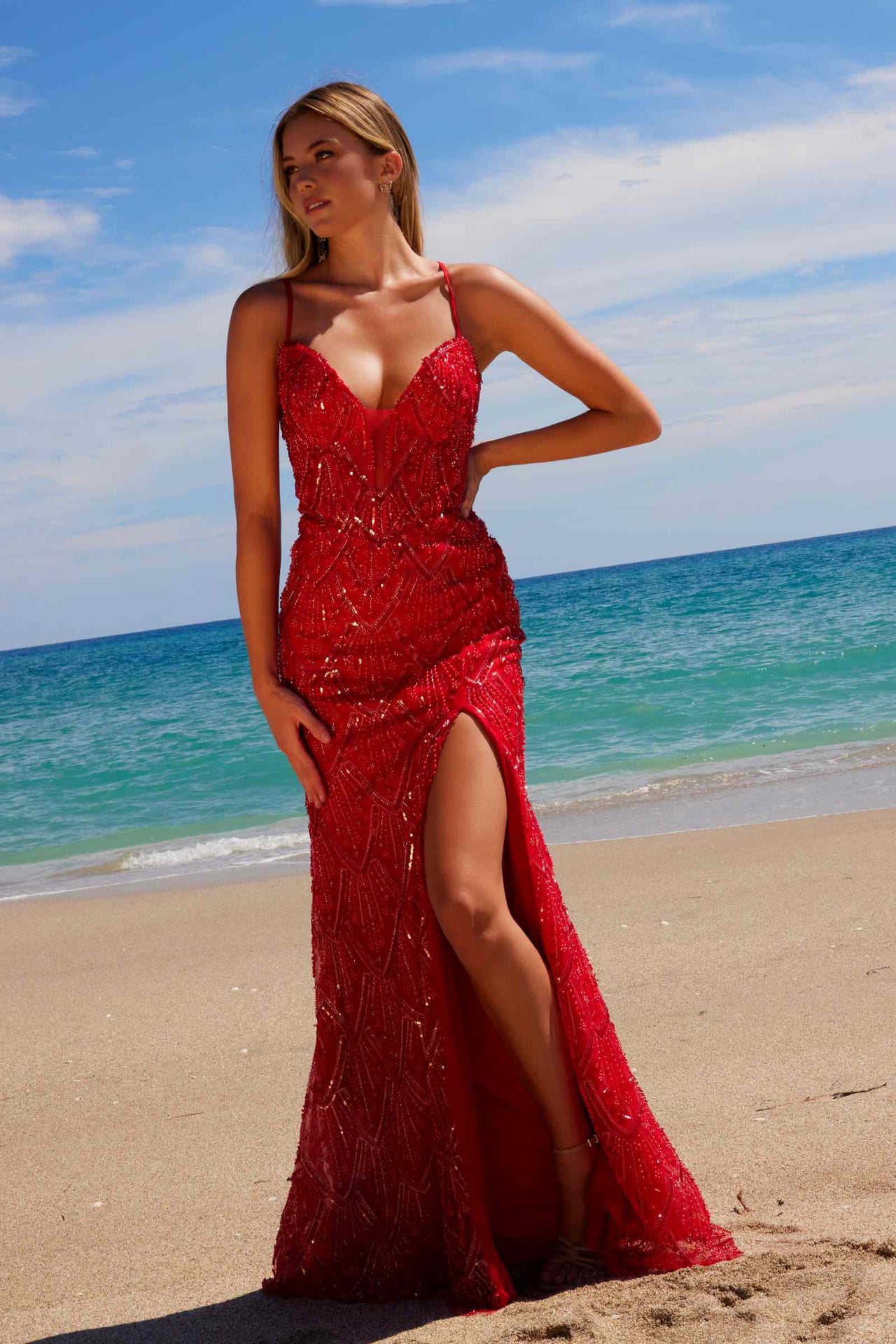 Nox Anabel C1616 Beaded Tulle Lace-Up Dress with Slit