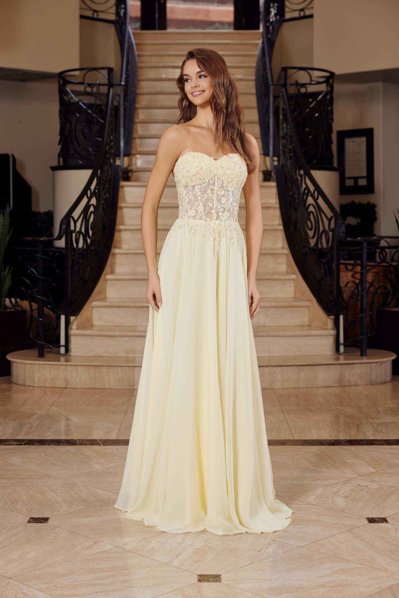 Nox Anabel C1617 Strapless Applique Corset with Chiffon Skirt Dress