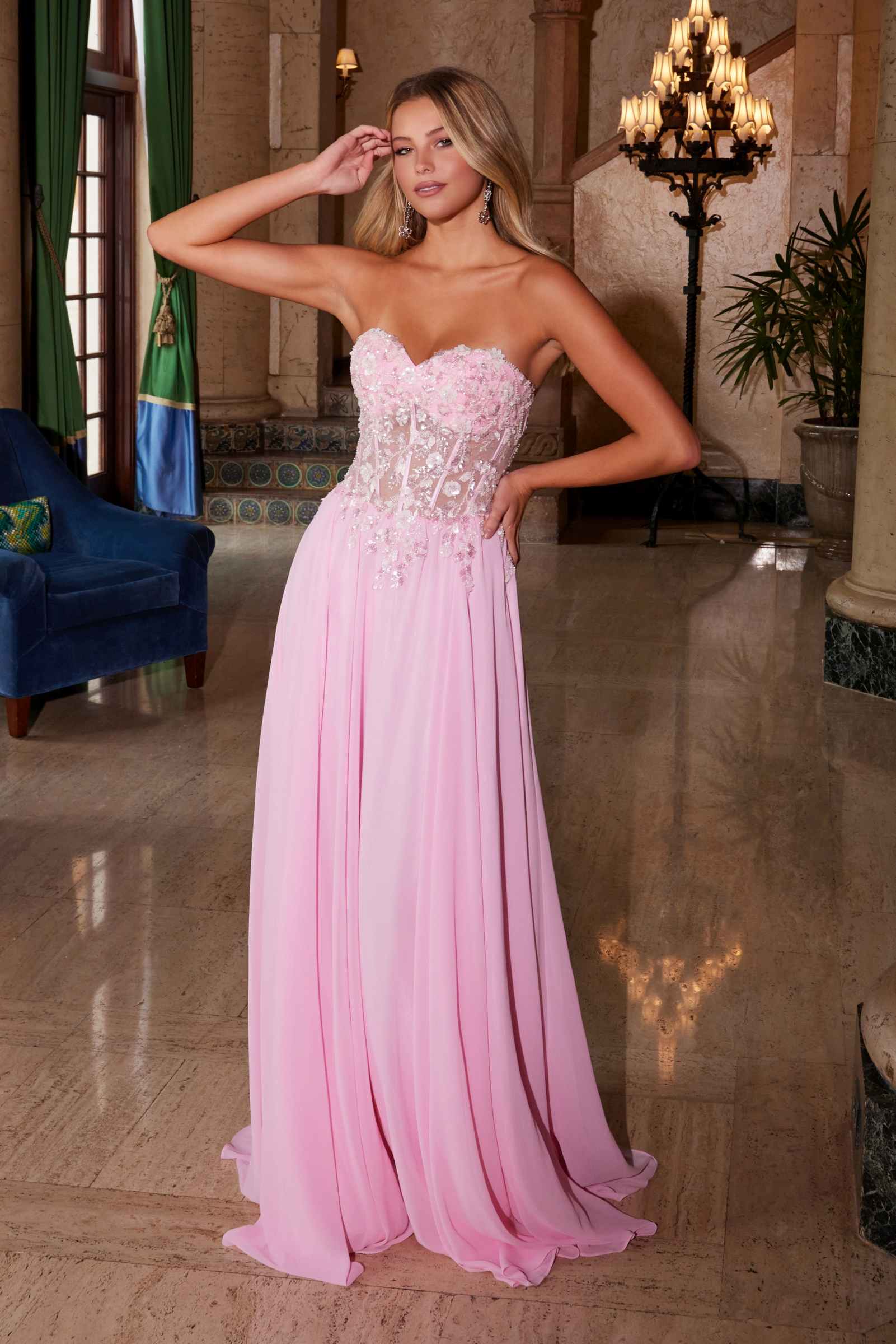 Nox Anabel C1617 Strapless Applique Corset with Chiffon Skirt Dress