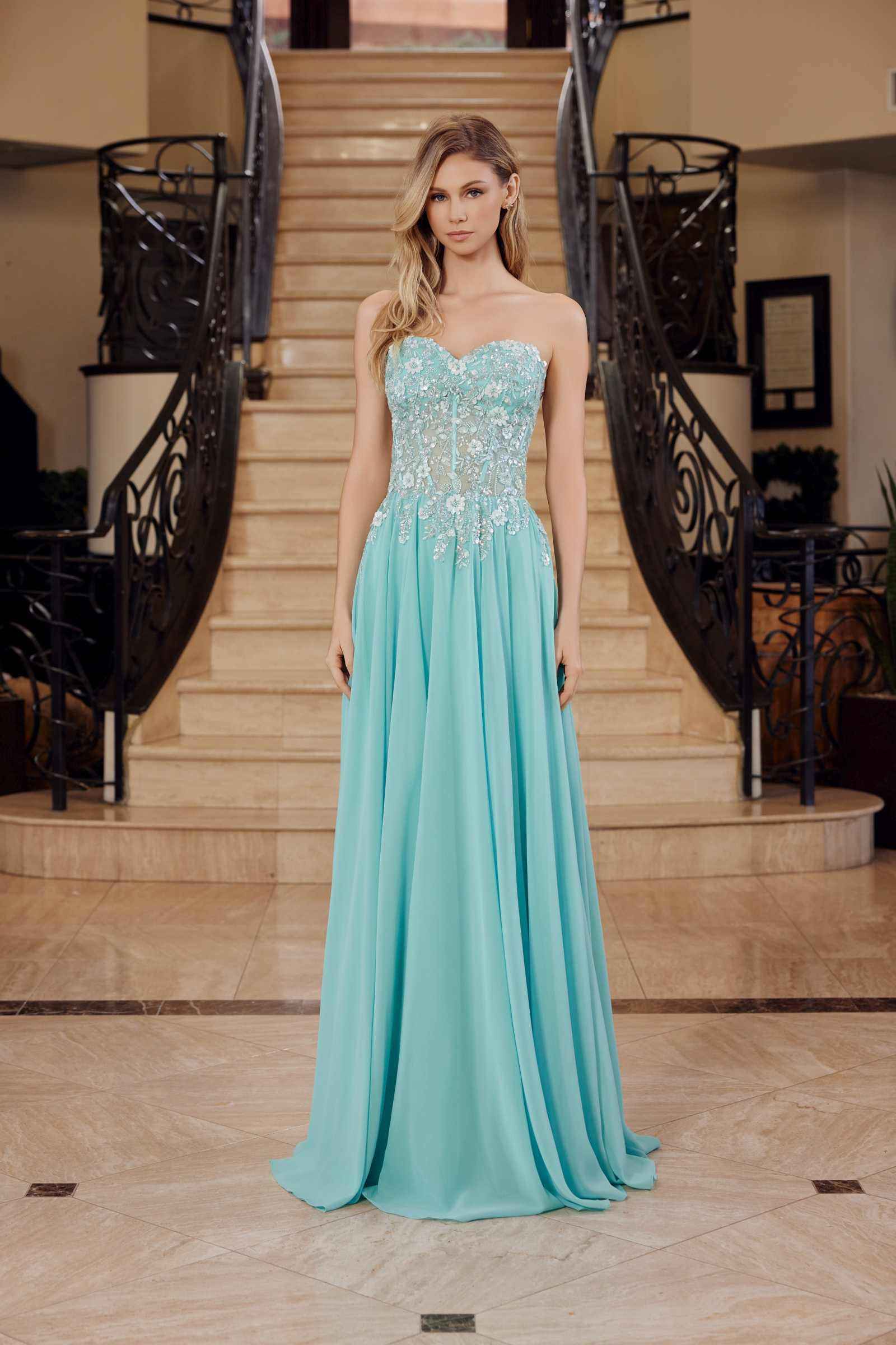 Nox Anabel C1617 Strapless Applique Corset with Chiffon Skirt Dress