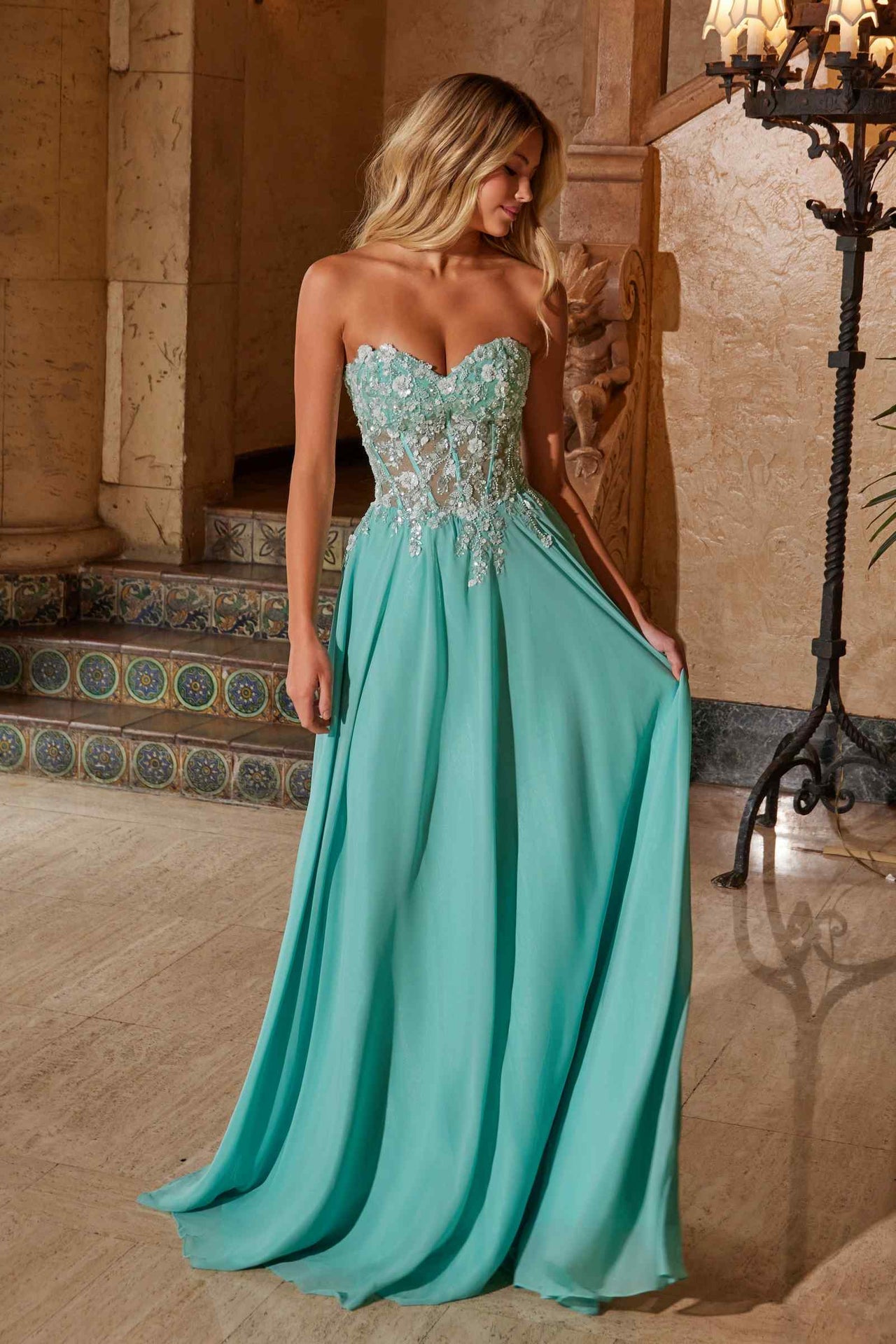 Nox Anabel C1617 Strapless Applique Corset with Chiffon Skirt Dress