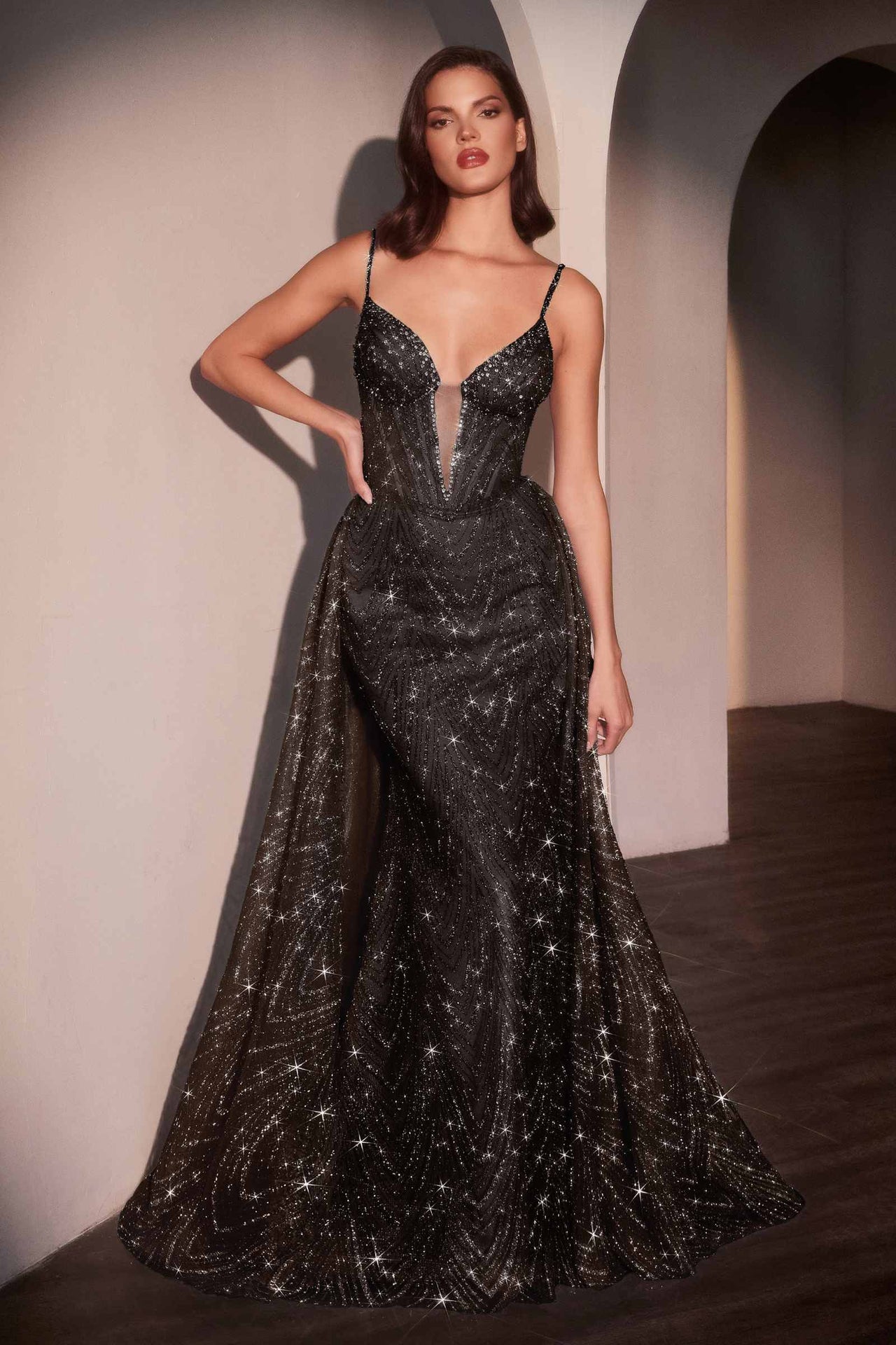 Ladivine C167 Dress Glitter Printed Fitted Gown With Overskirt