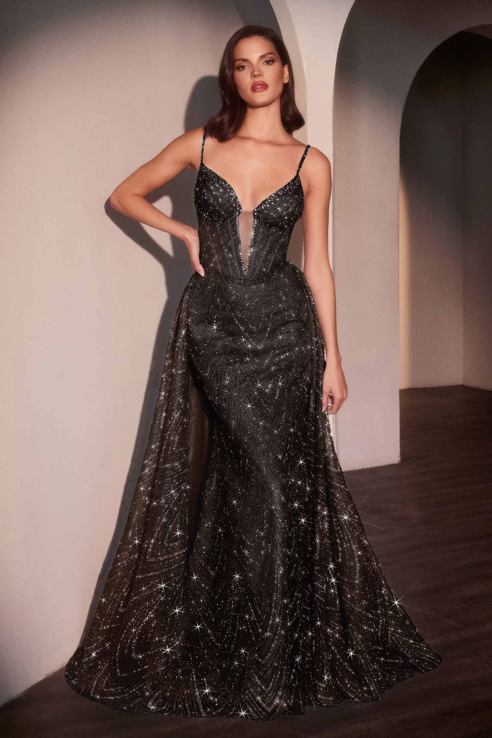 Ladivine C167 Dress Glitter Printed Fitted Gown With Overskirt