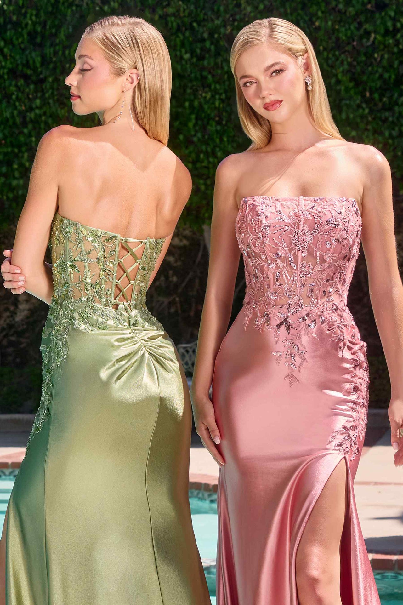 Ladivine C168 Fitted Strapless Floral Beaded Stretch Satin Gown