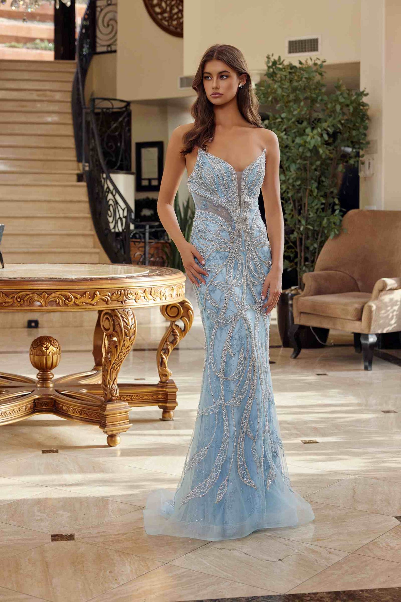 Nox Anabel C1826 Peaked Neckline Beaded Embellishments Fitted Prom Gown