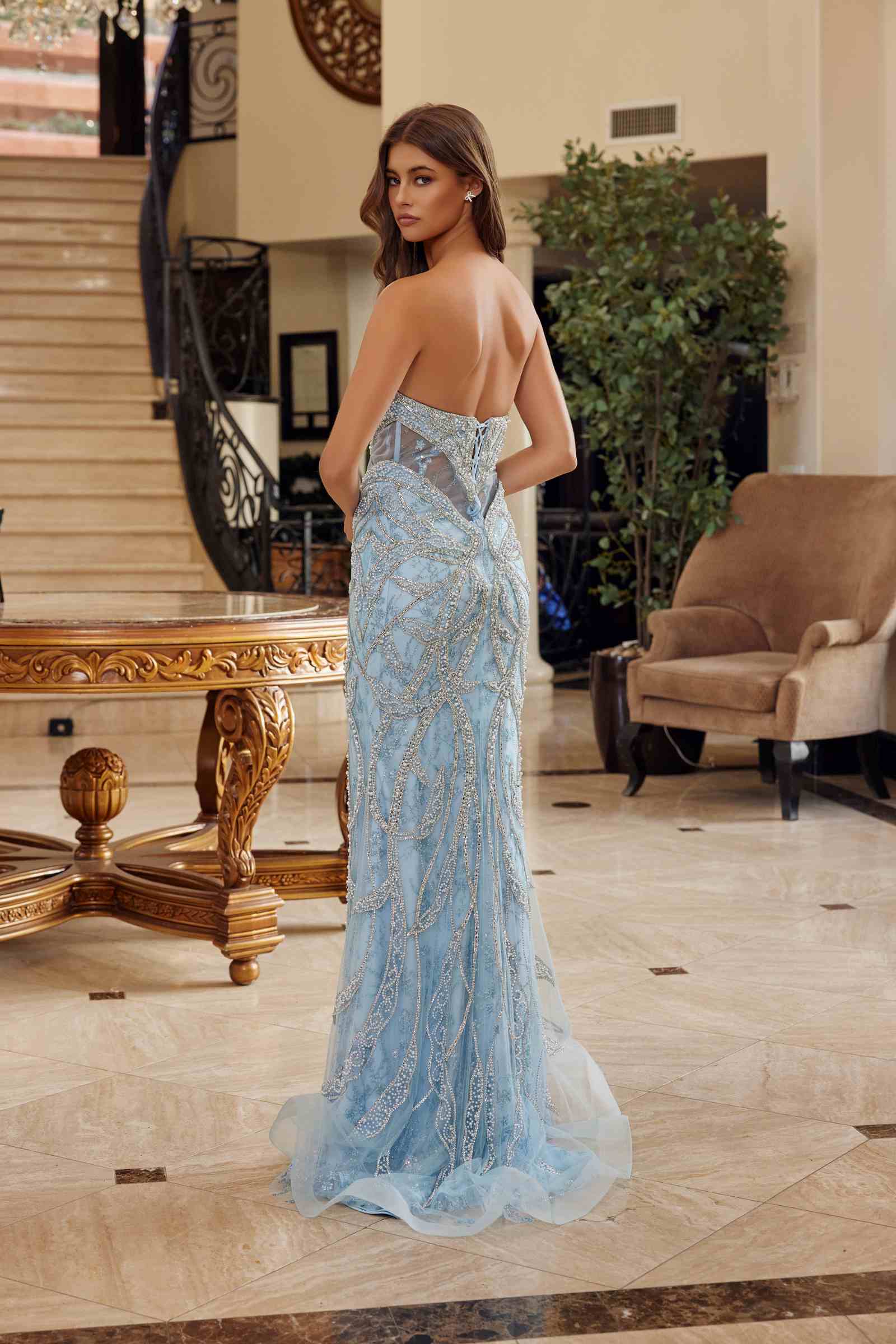 Nox Anabel C1826 Peaked Neckline Beaded Embellishments Fitted Prom Gown