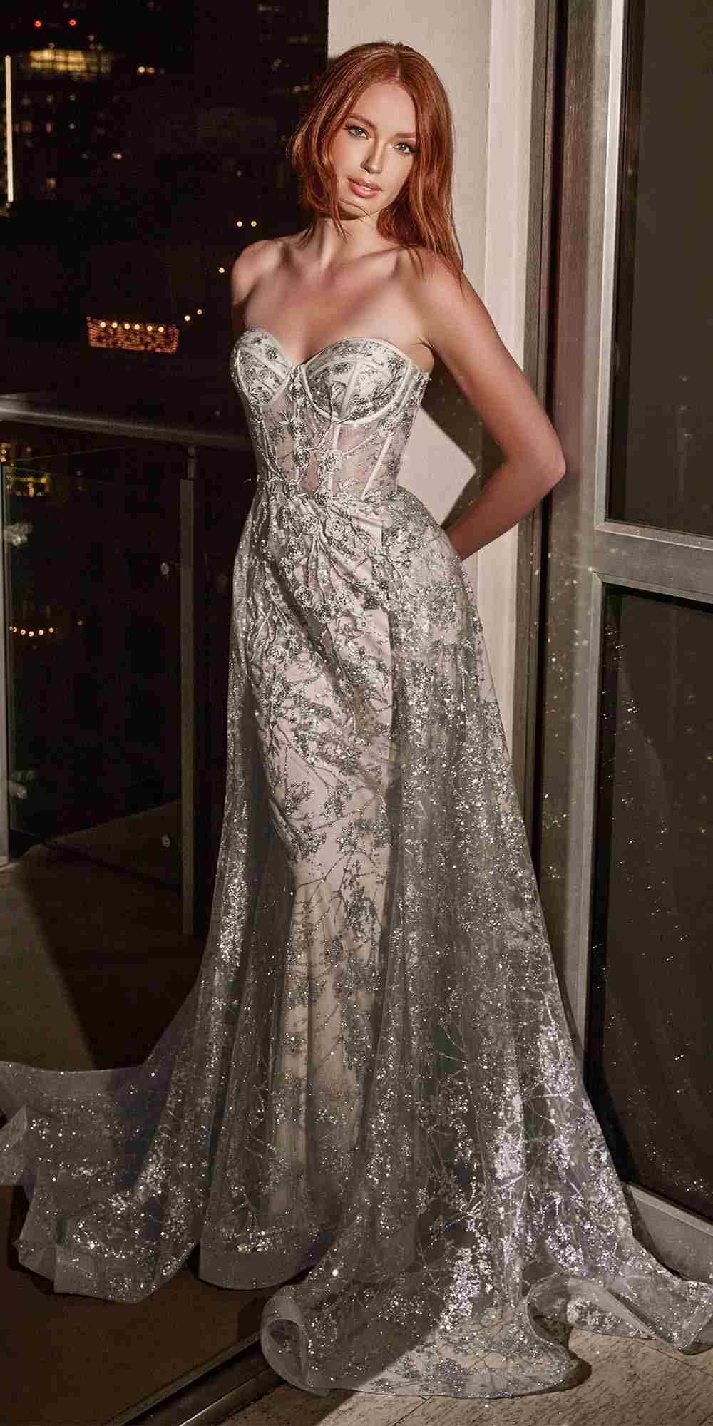 Cinderella Divine CB046W Strapless Gown Floral Applique Glitter Tulle Overskirt