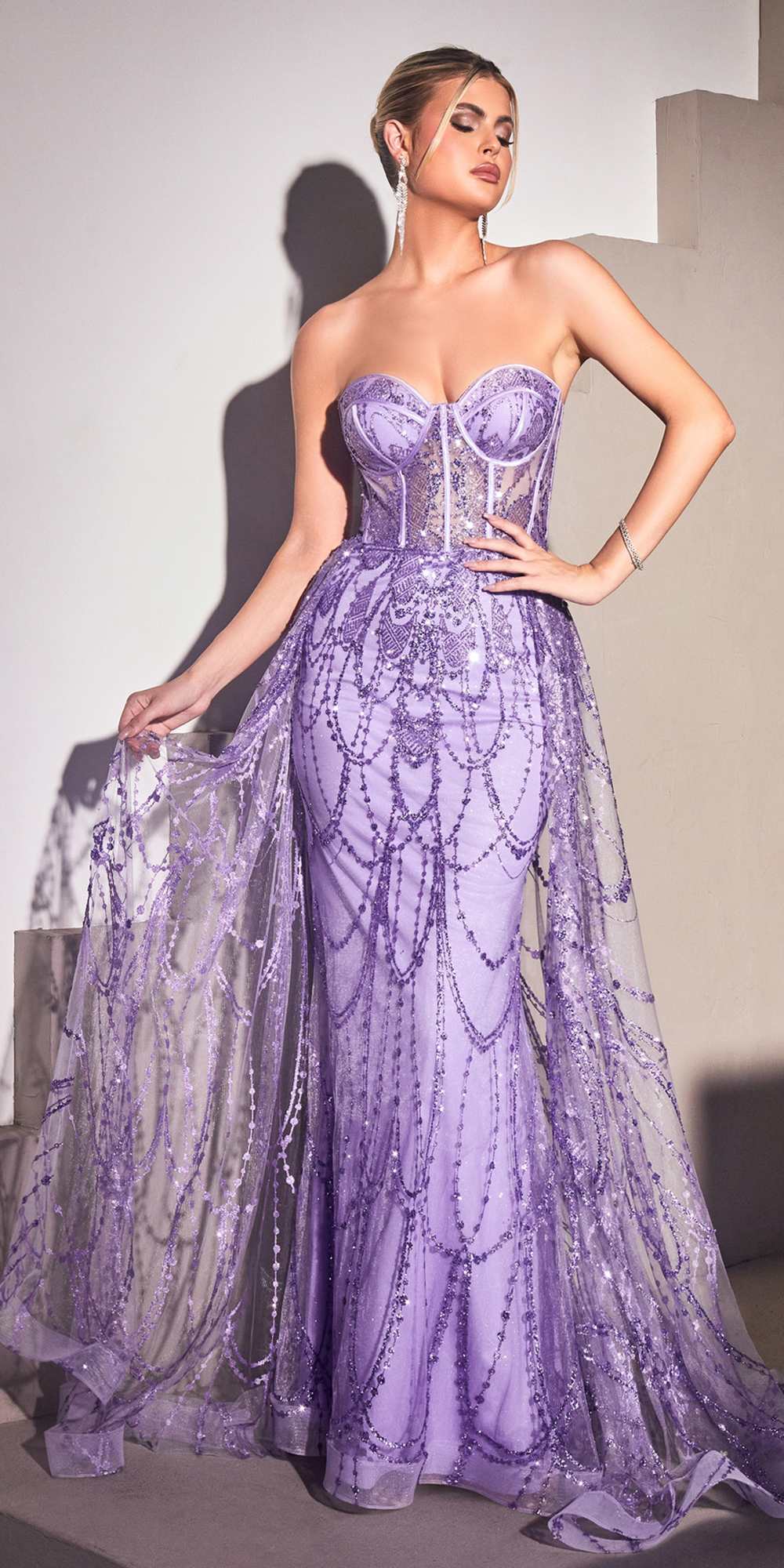 Cinderella Divine CB095 Strapless Lace Fitted Gown with Over Skirt