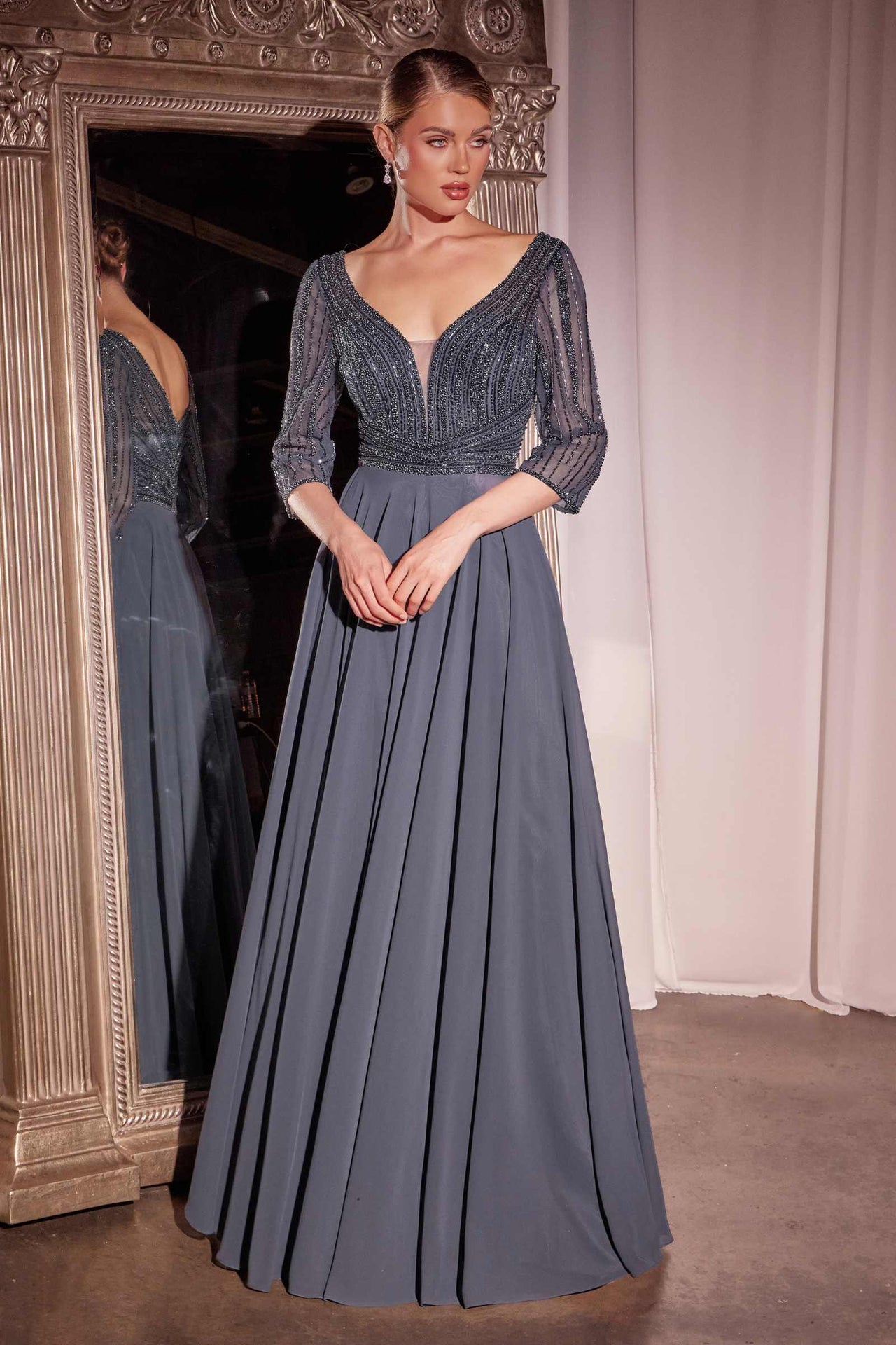 Ladivine CC446 Three Quarter Sleeve Beaded Chiffon Dress