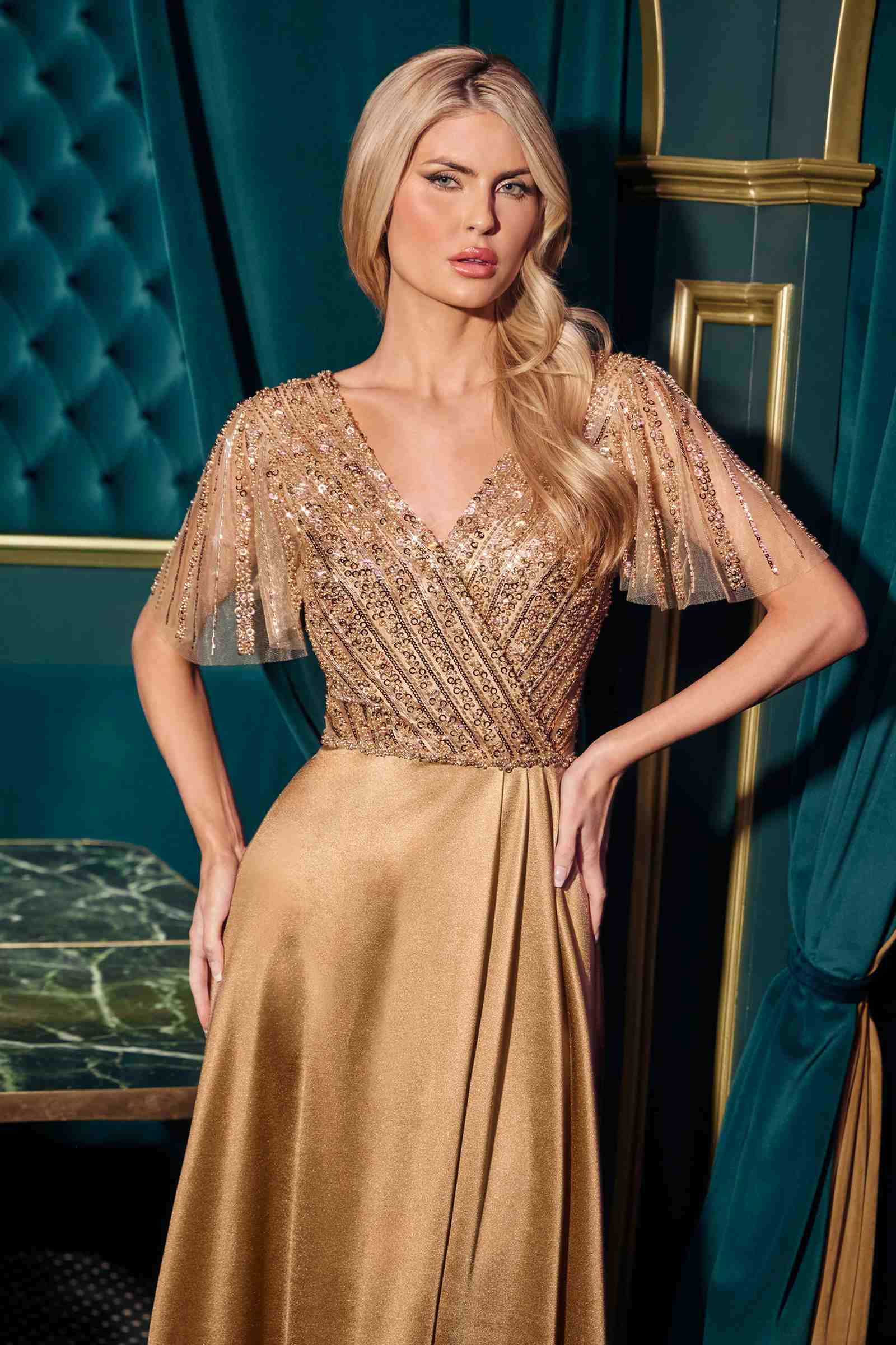 Ladivine CC447 Flutter Sleeves V-Neckline A-Line Satin Evening Gown
