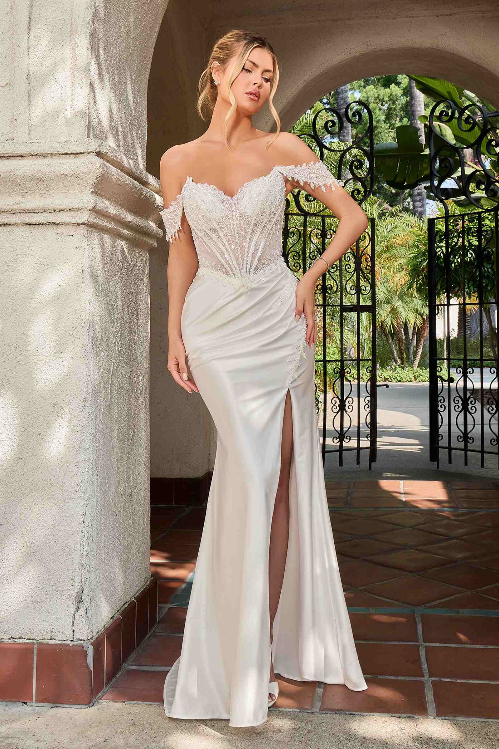 Ladivine CC456W Glitter Satin Strech Fitted Off White Evening Gown