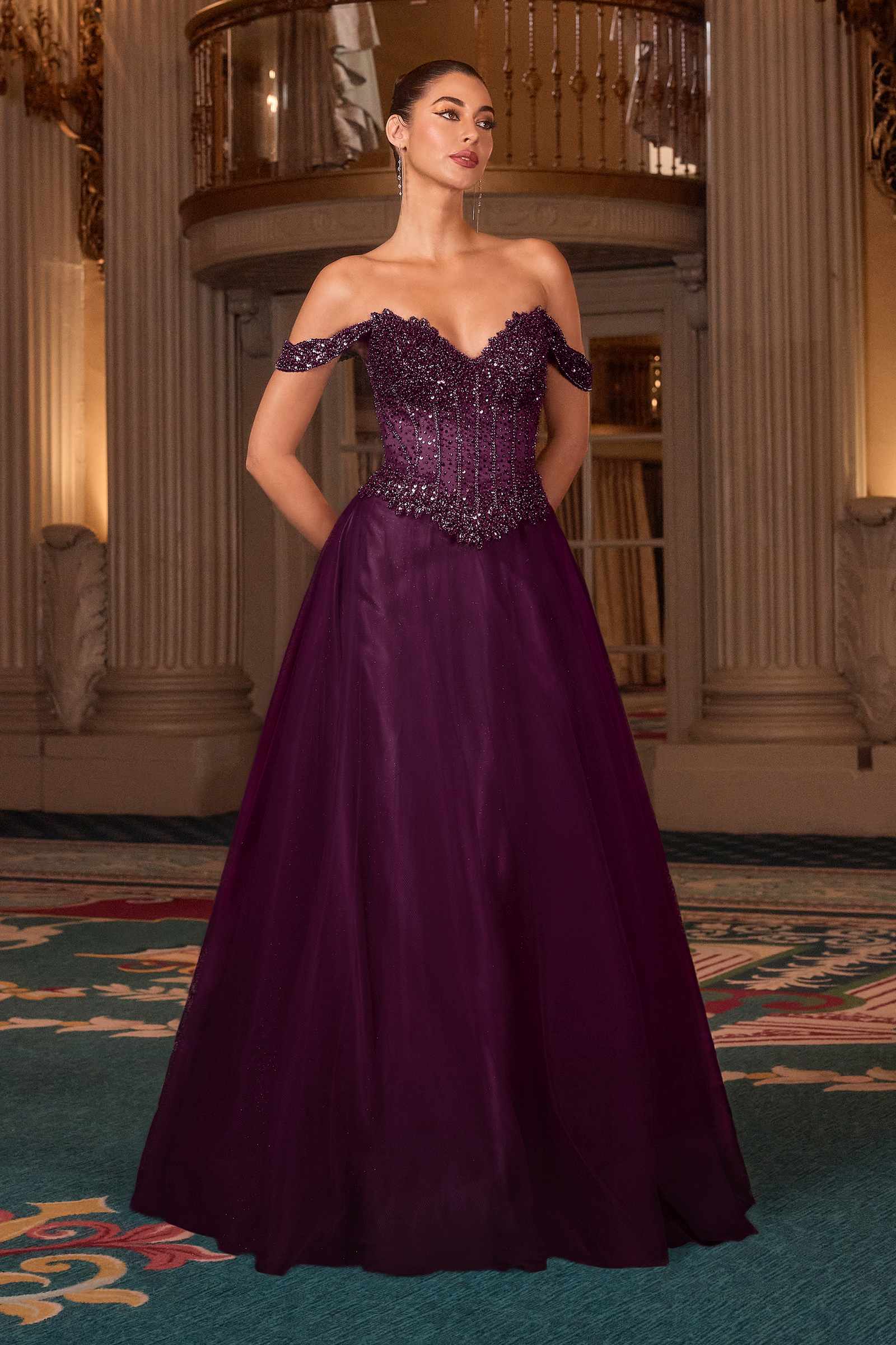 Ladivine CC471 Off Shoulder Glitter Tulle Corset Bodice A-line Ball Gown