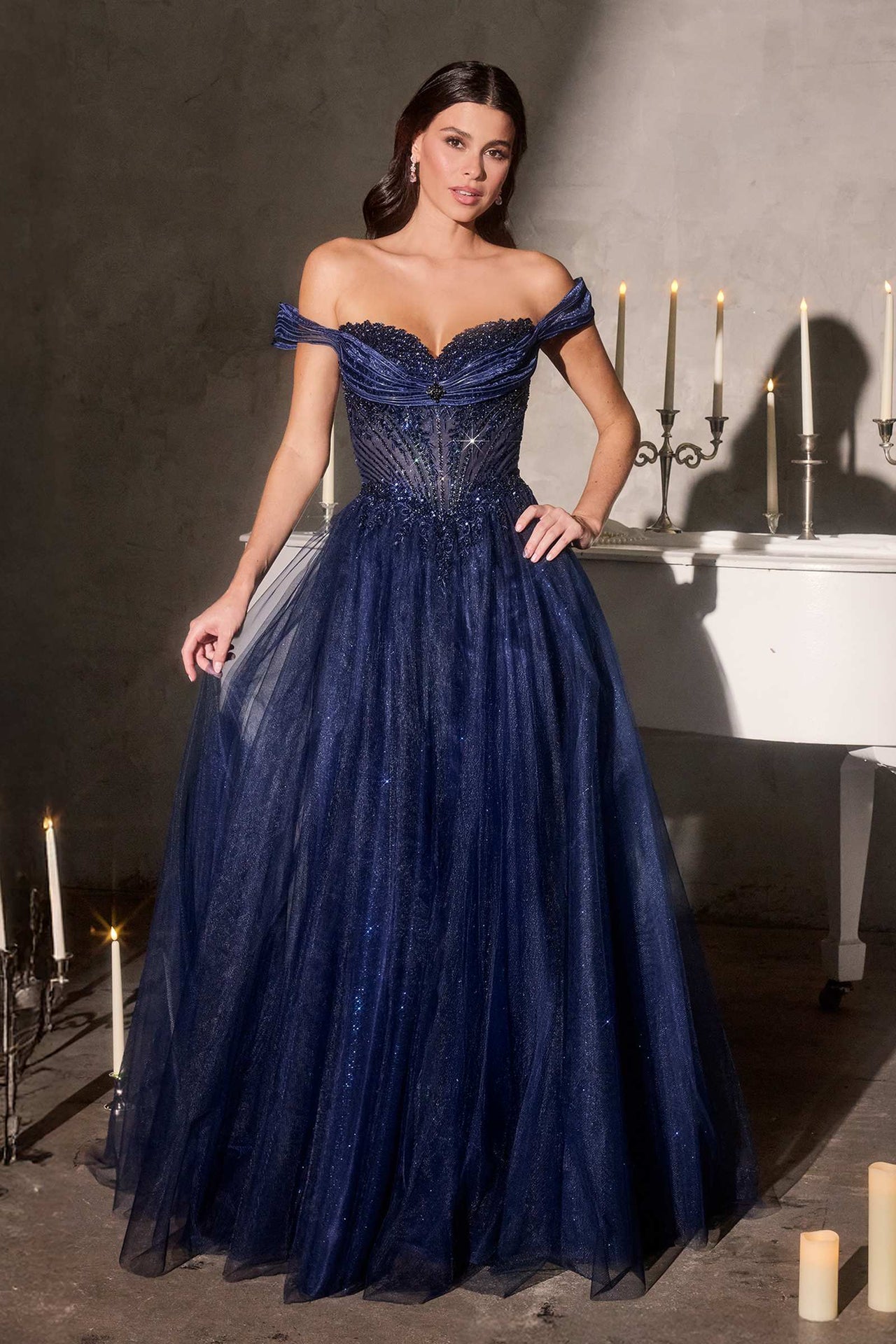 Ladivine CC493 Regal Off the Shoulder Soft Tulle Straps Ball Gown