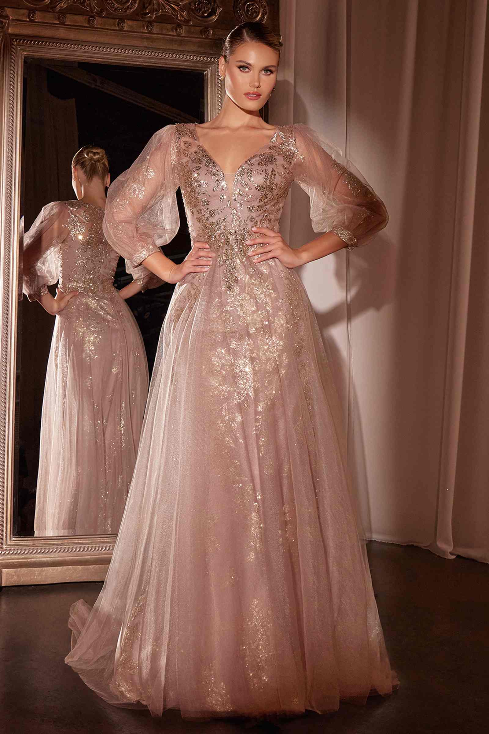 Ladivine CD0102 Dress Long Sleeve Layered Tulle A-Line Gown