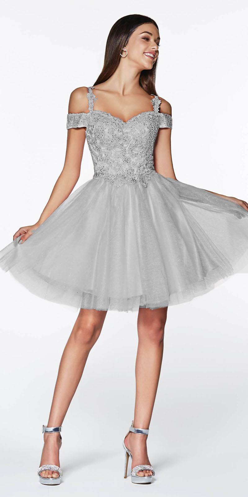 Cinderella Divine CD0132 Short A-Line Dress Off The Shoulder Glitter Tulle Skirt