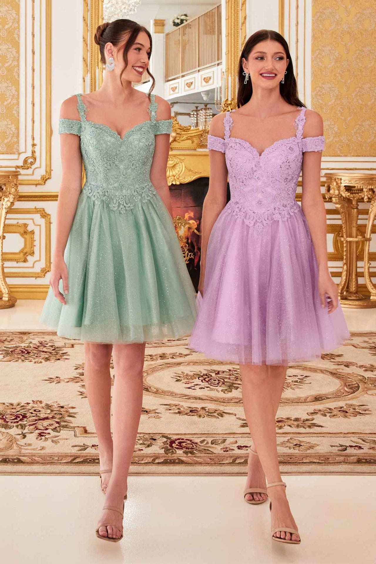Cinderella Divine CD0132 Short A-Line Dress Off The Shoulder Glitter Tulle Skirt