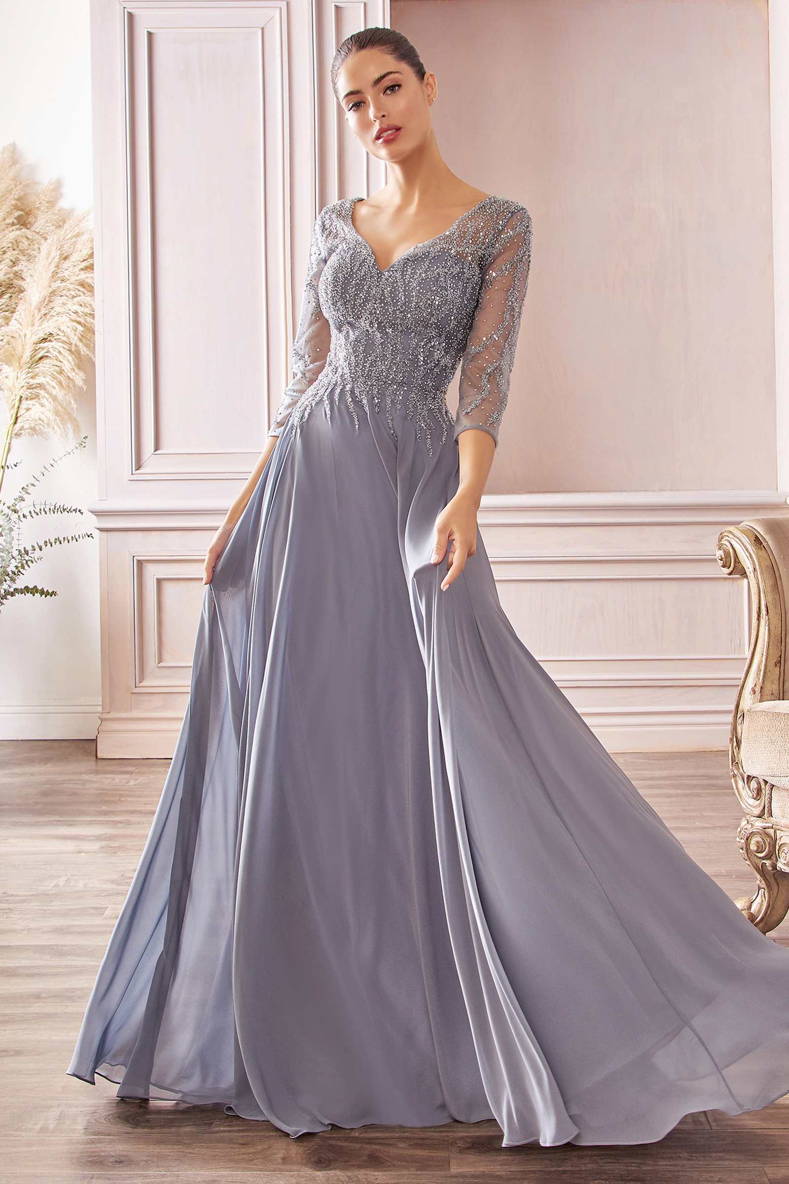 Cinderella Divine CD0171 Flowy Chiffon A-Line Gown 3/4 Length Sleeves
