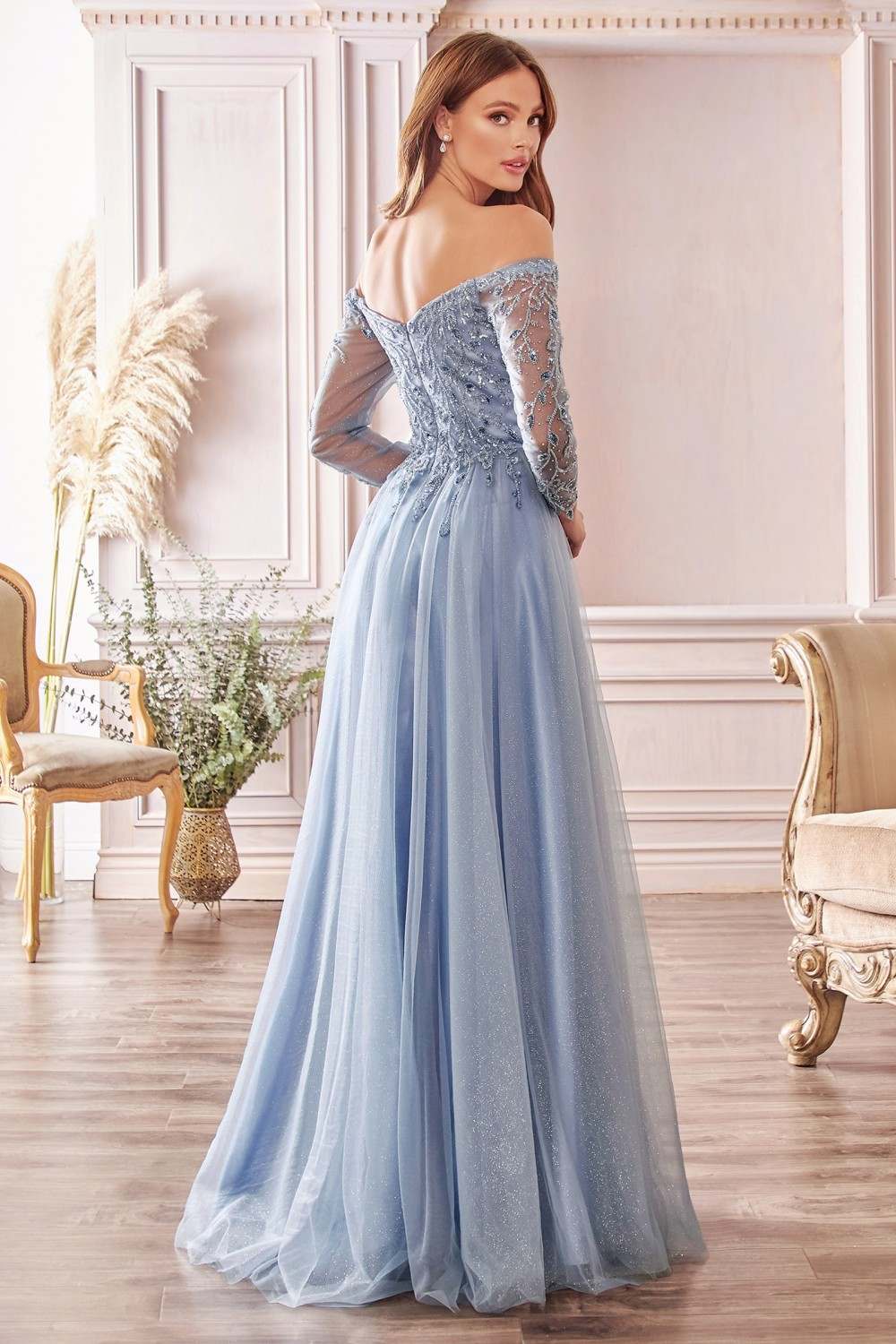 Cinderella Divine CD0172 A-Line Layered Tulle Gown Off The Shoulder Long Sleeve