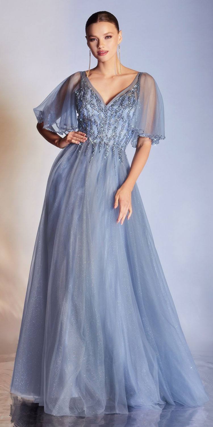 Cinderella Divine CD0175 Floor Length Layered Tulle A-Line Gown Butterfly Sleeve