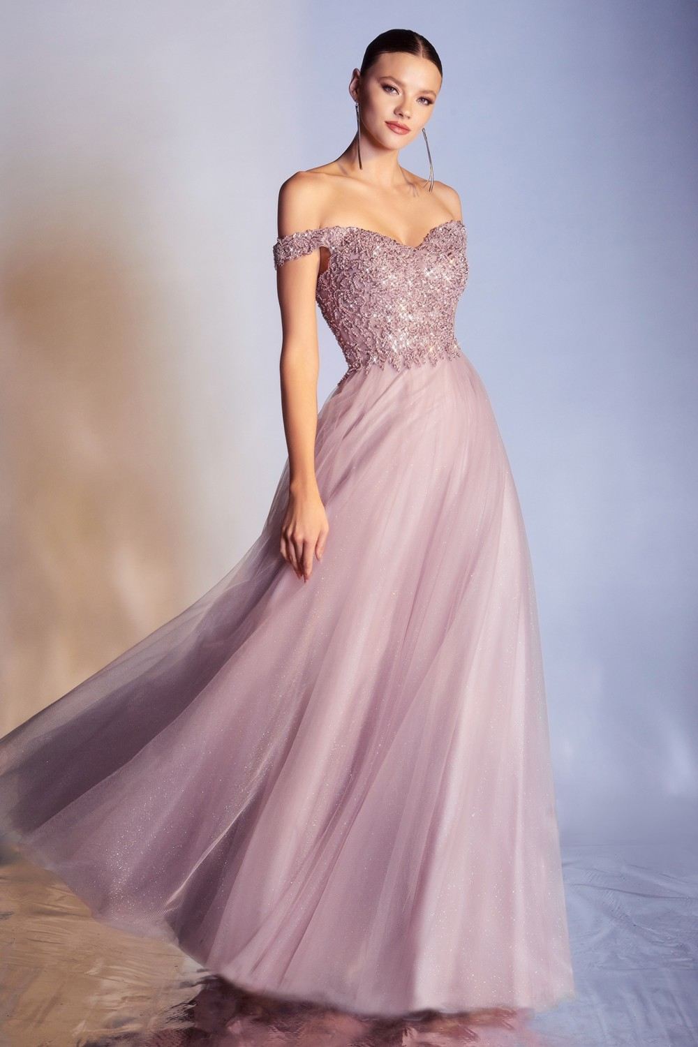 Cinderella Divine CD0177 Glitter Tulle A-Line Ball Gown Off the Shoulder