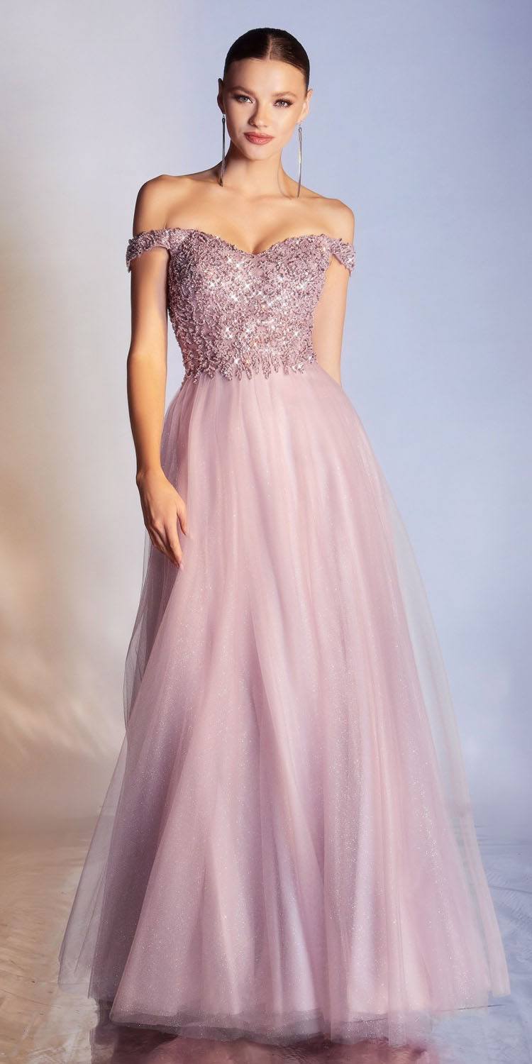 Cinderella Divine CD0177 Glitter Tulle A-Line Ball Gown Off the Shoulder