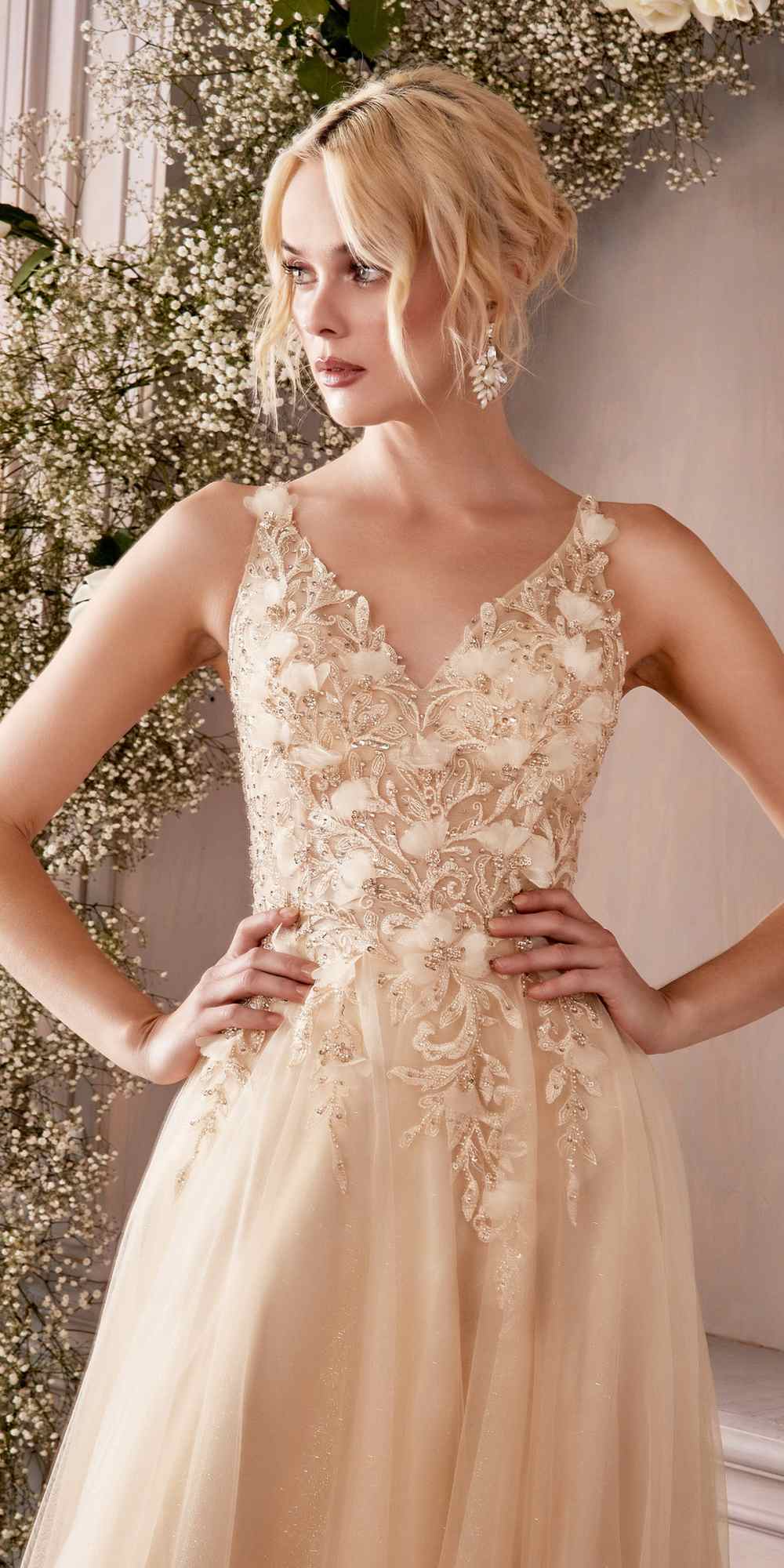 Cinderella Divine CD0181 Long Lace Floral A-Line Tulle/Lace Dress