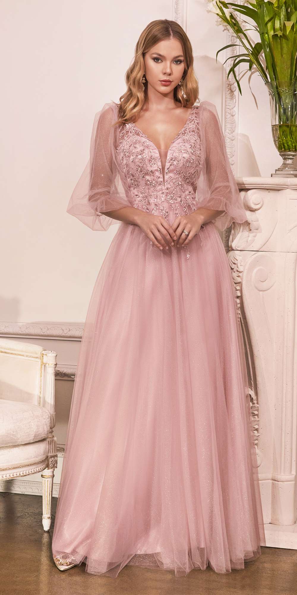 Cinderella Divine CD0182 Glitter Tulle A-Line Formal Dress