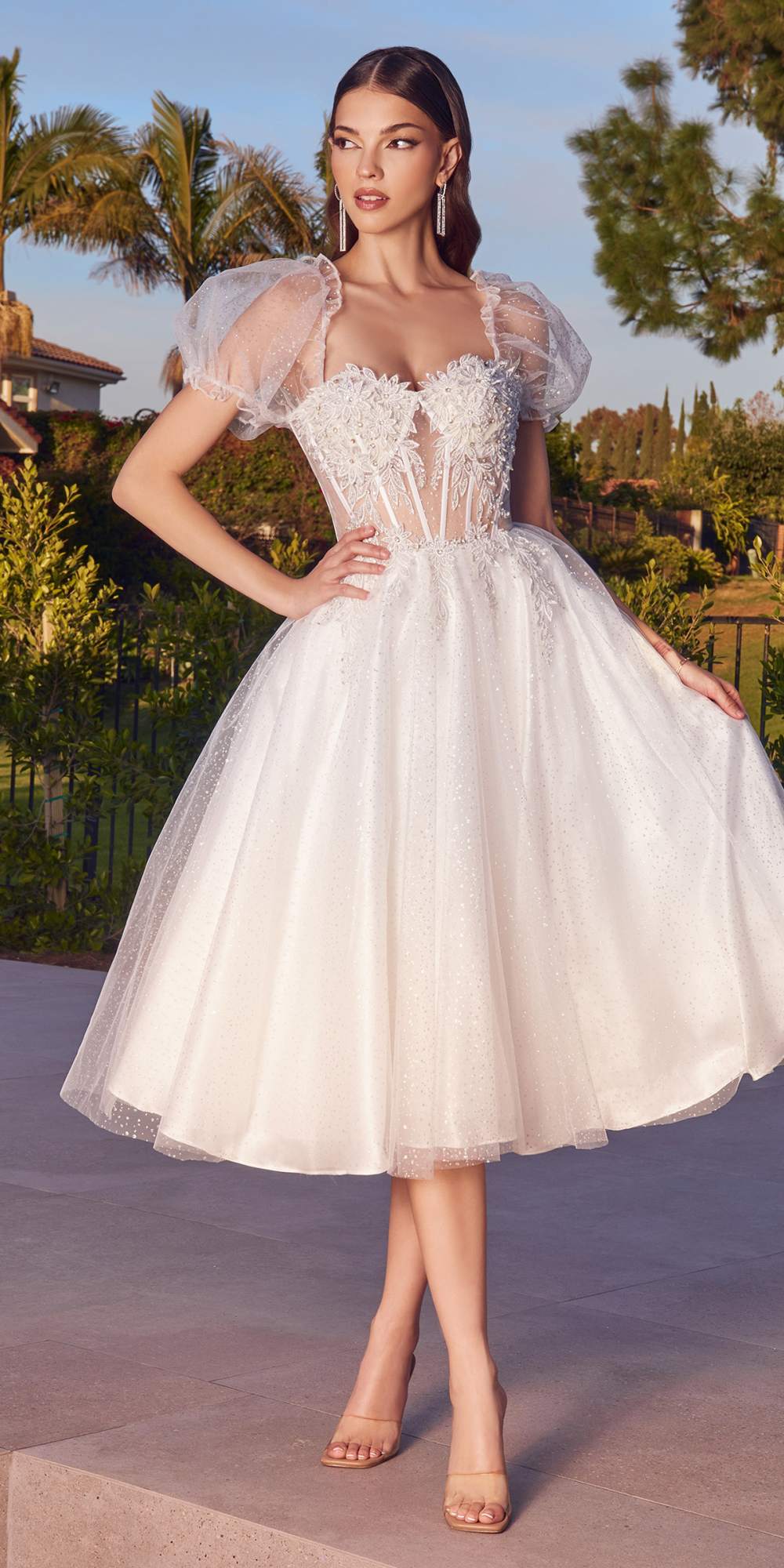 Ladivine CD0187W Tea Length Layered Tulle Dress with Short Puff Sleeves