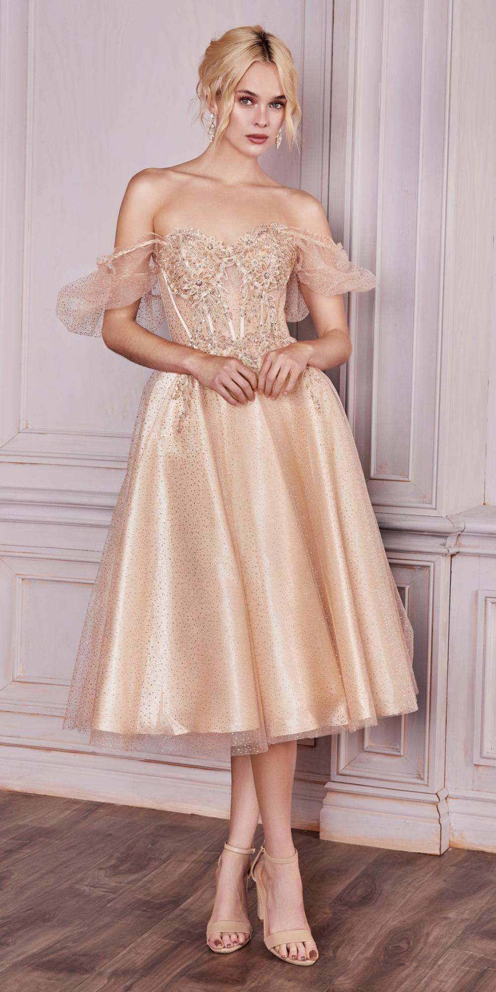 Cinderella Divine CD0187 Tea Length Layered Tulle Dress with Short Puff Sleeves