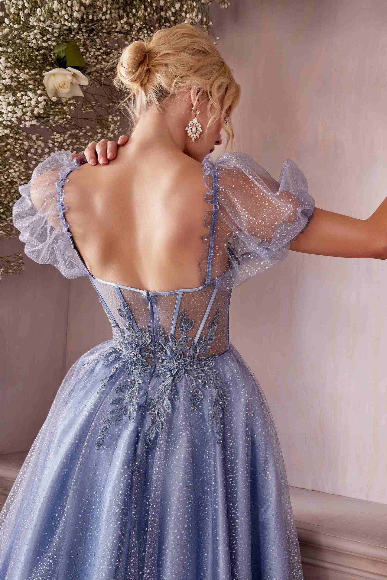 Cinderella Divine CD0187 Tea Length Layered Tulle Dress with Short Puff Sleeves