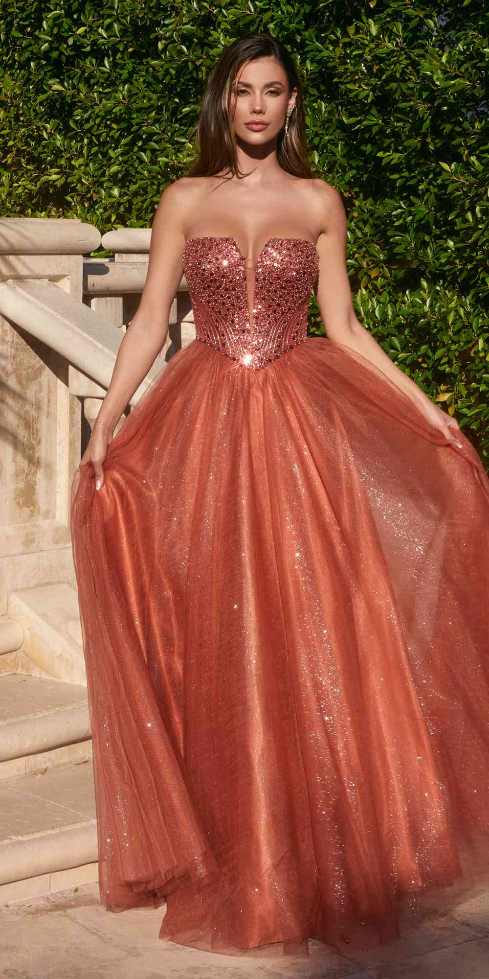Ladivine CD0217 Long A-Line Strapless Sequin Bodice Glitter Tulle Skirt Dress