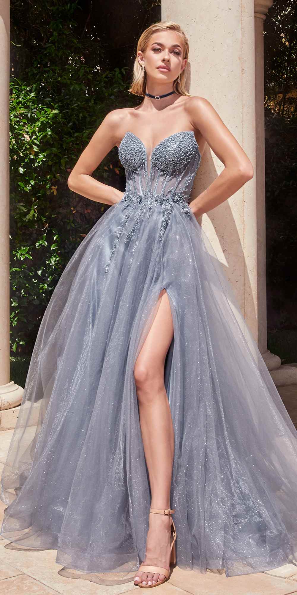 Ladivine CD0230 Long Strapless Layered Tulle Leg Slit Ballgown