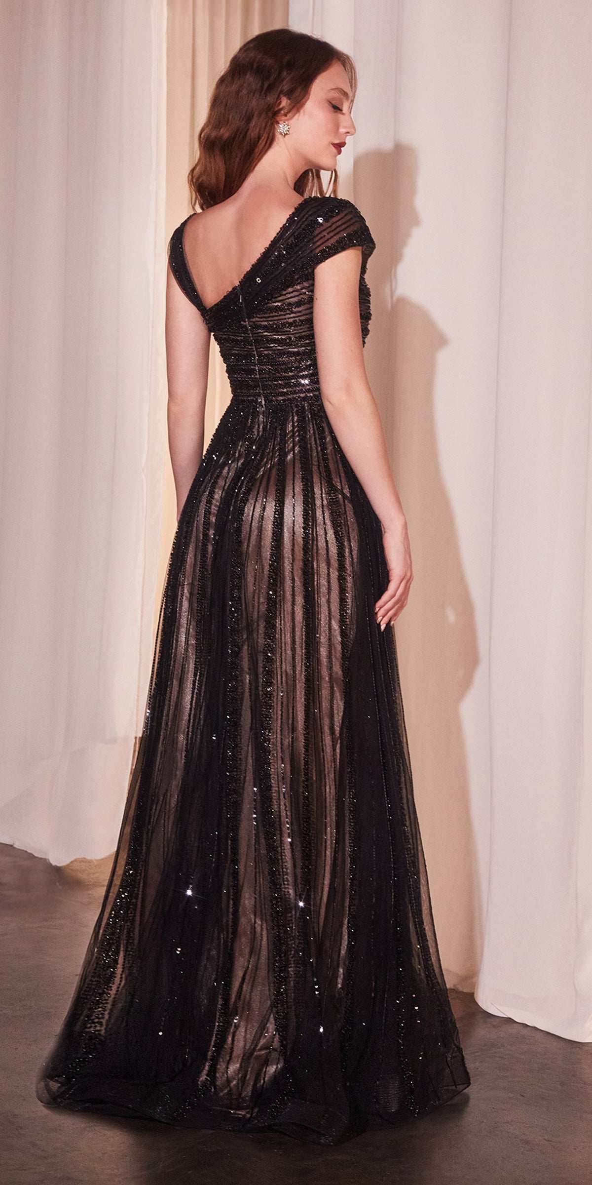 CLEARANCE - Ladivine CD0238 Off The Shoulder A-Line Beaded Black/Nude Gown (Size 10)